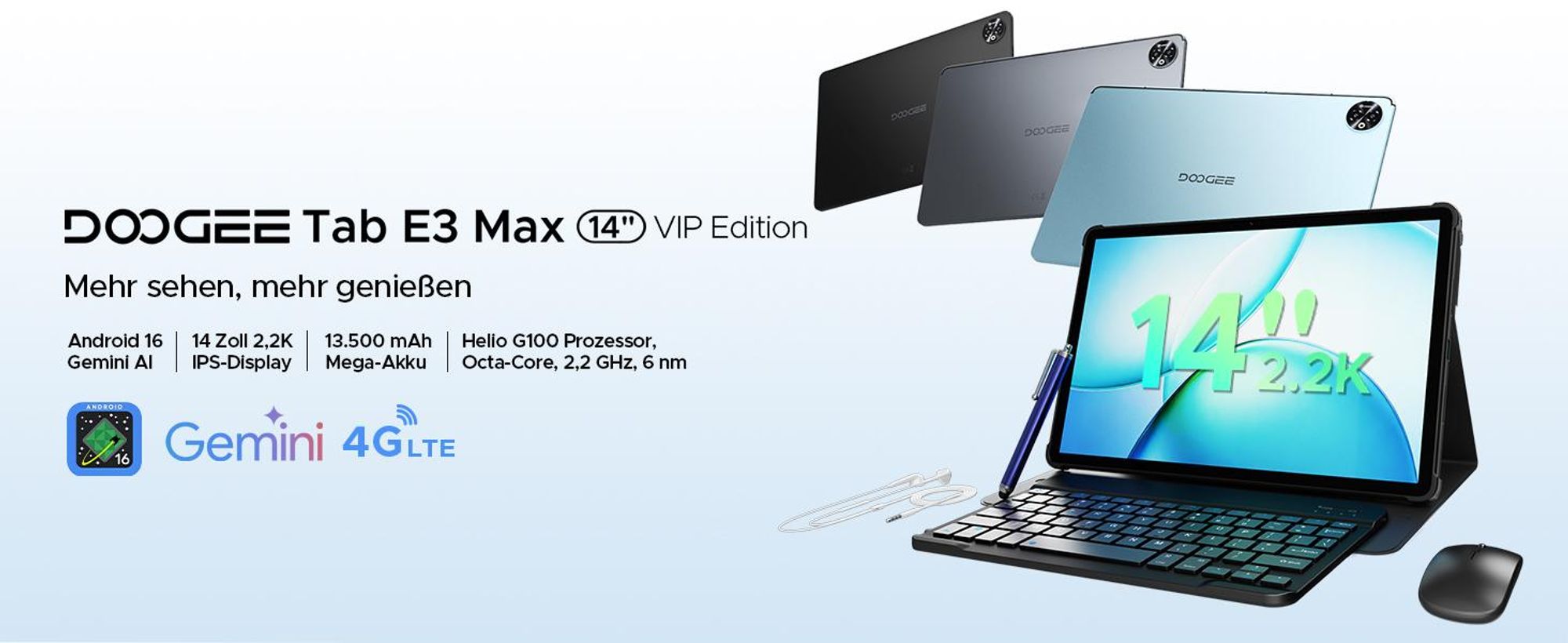 DOOGEE Tab E3 Max VIP Tablet Android 16, 14 Zoll 2,2K, 48GB(8+40)+256GB, 13500mAh/18W,4G LTE,Widevine L1, inkl. Tastatur, Maus, Hülle, Stift