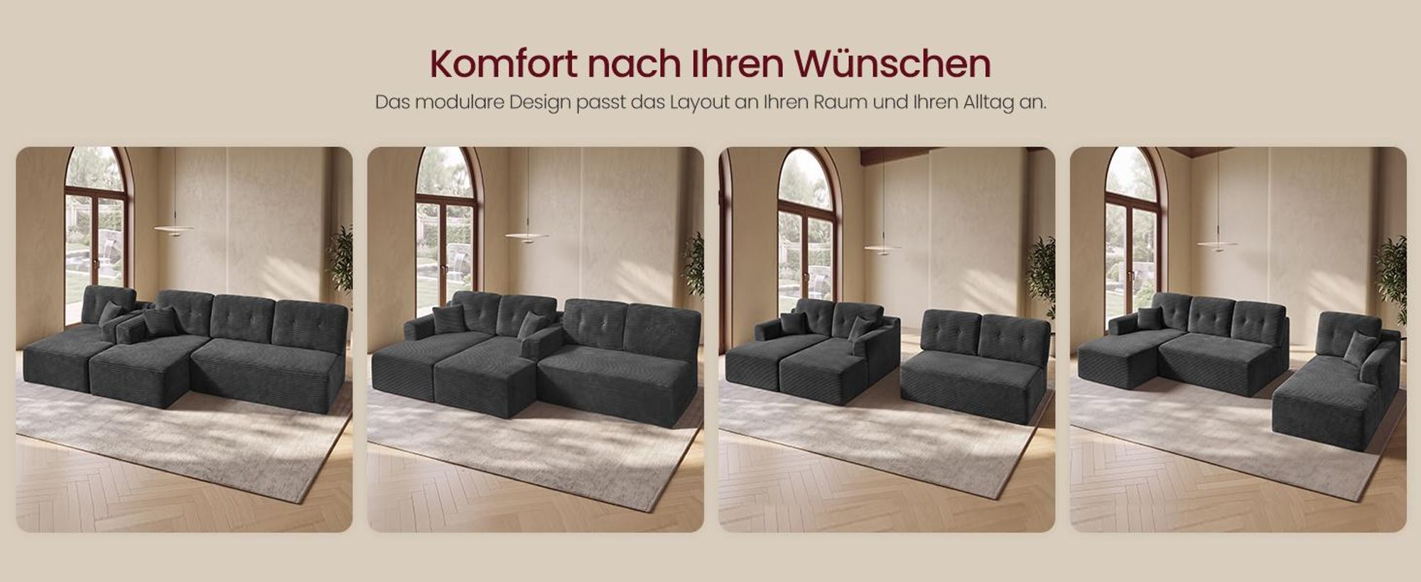 VASAGLE U-Form Sofa 6-Sitzer Modulares Cord Sofa mit Kissen 336 x 154 x 89 cm Grau