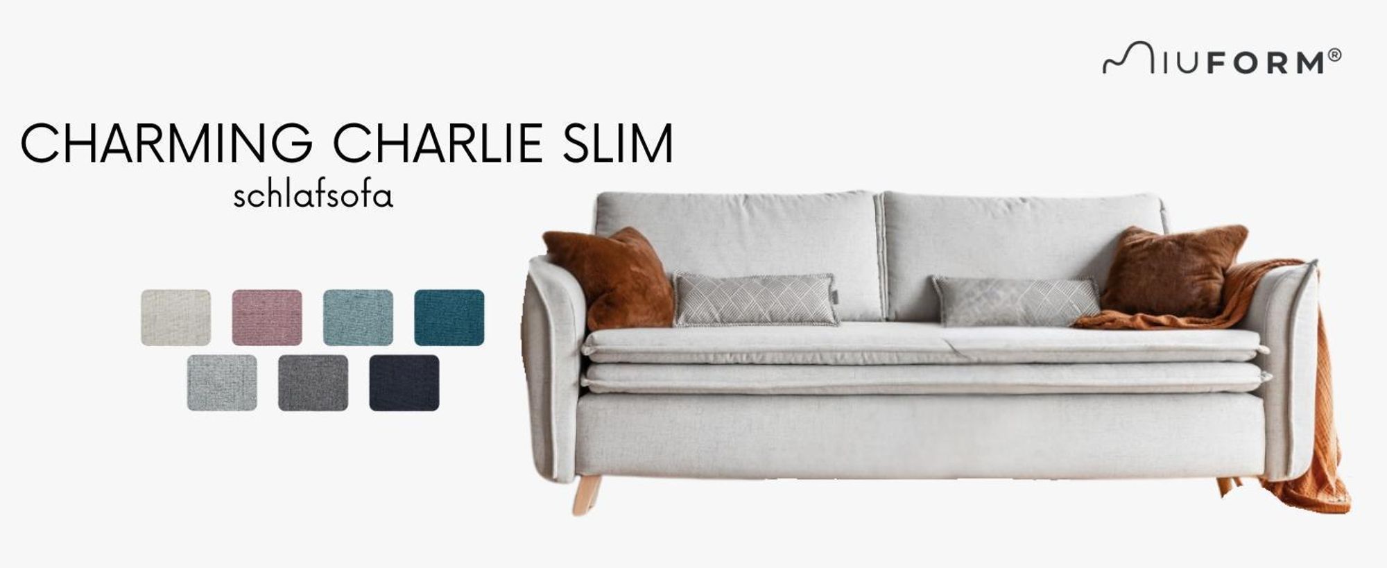 MIUFORM Charming Charlie Slim - Sofa mit Bettfunktion und Bettkasten - 225x90cm - Beige - 3-Sitzer Schlafsofa