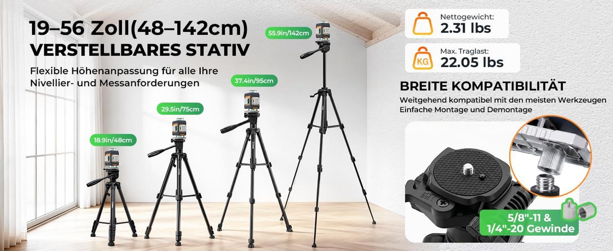 CIGMAN CMG16T Kreuzlinienlaser 4 x 360 Grad mit Stativ – App, Grün, IP54