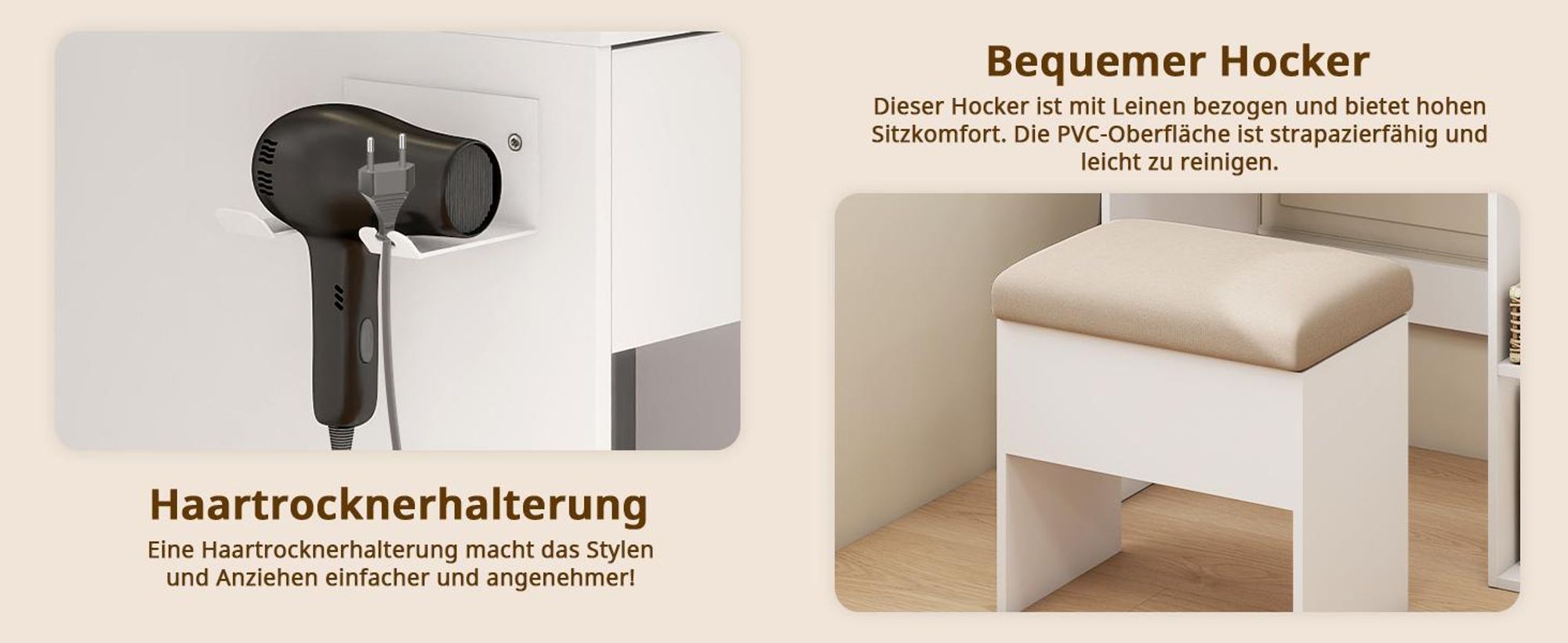 Puluomis Schminktisch mit dimmbarer LED Beleuchtung, Frisiertisch mit Schublade, Föhnhalter, USB & Steckdosen, Glasplatte, Hocker mit Lagerung weiß