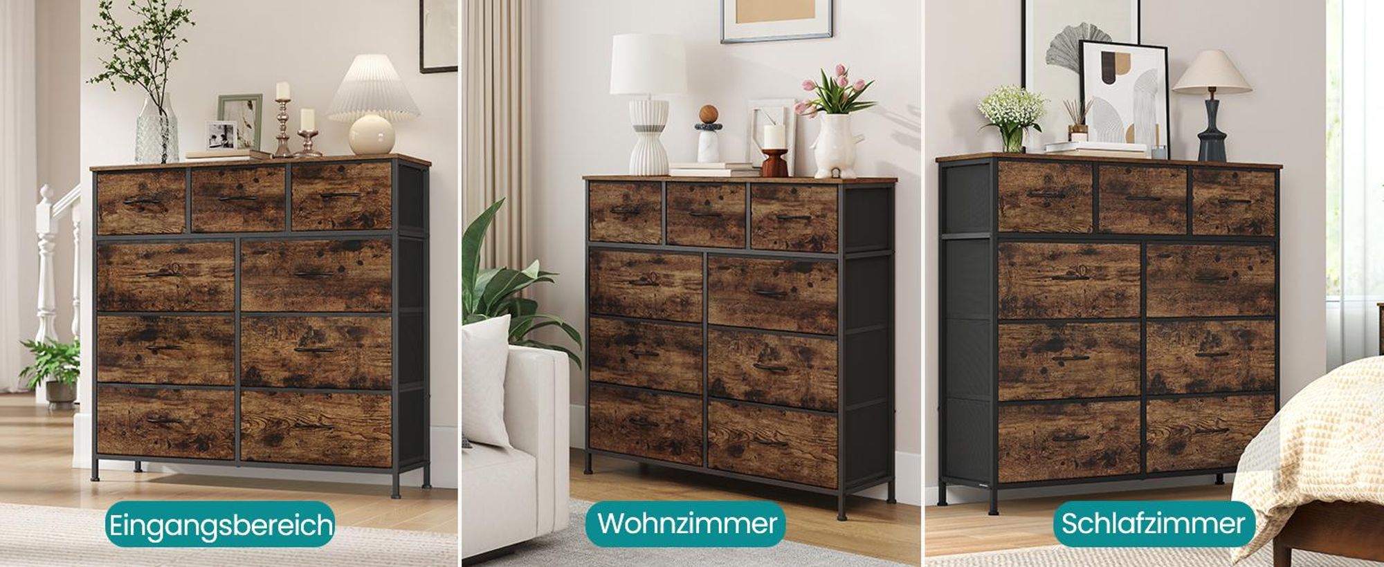 SONGMICS Kommode, Schrank, 9 Stoffschubladen, für Schlafzimmer, Flur, Wohnzimmer, braun-schwarz