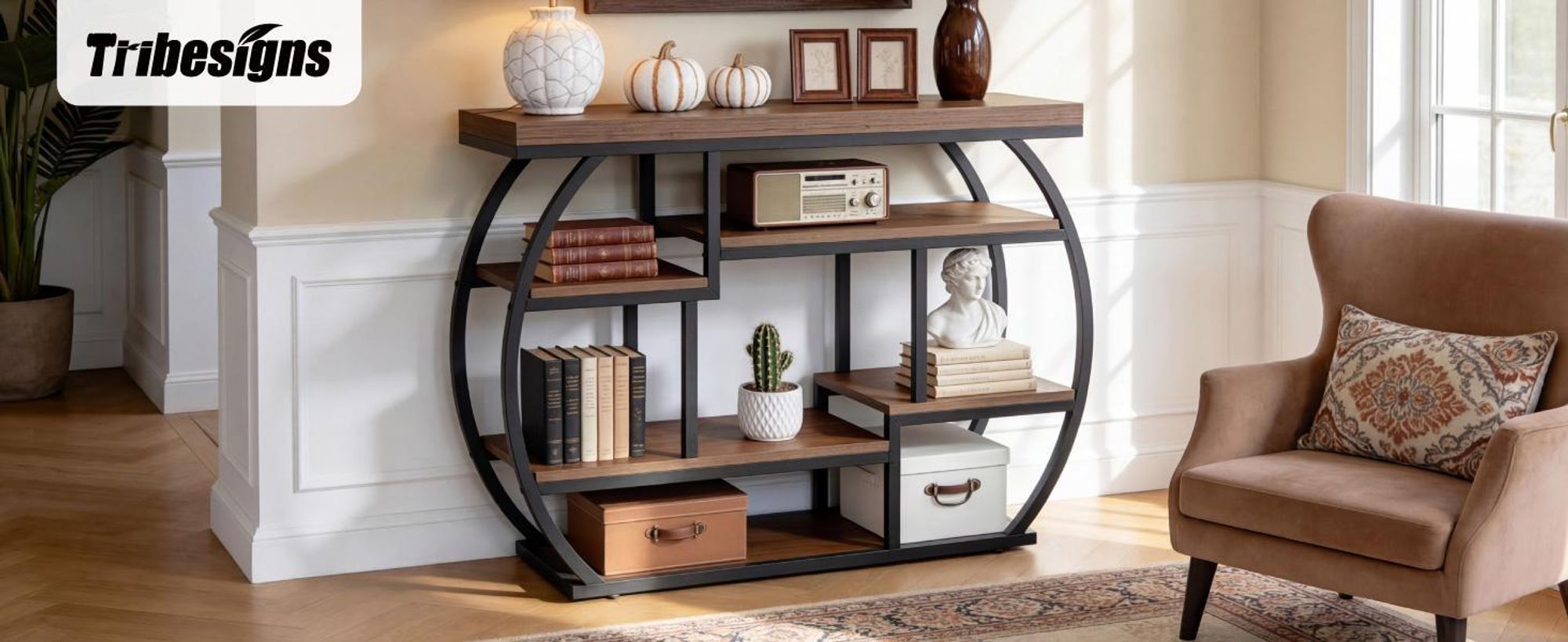 Tavolino da ingresso Tribesigns a 6 ripiani, 100 cm, in stile industriale con vani portaoggetti, struttura in legno e metallo, zona ingresso, marrone