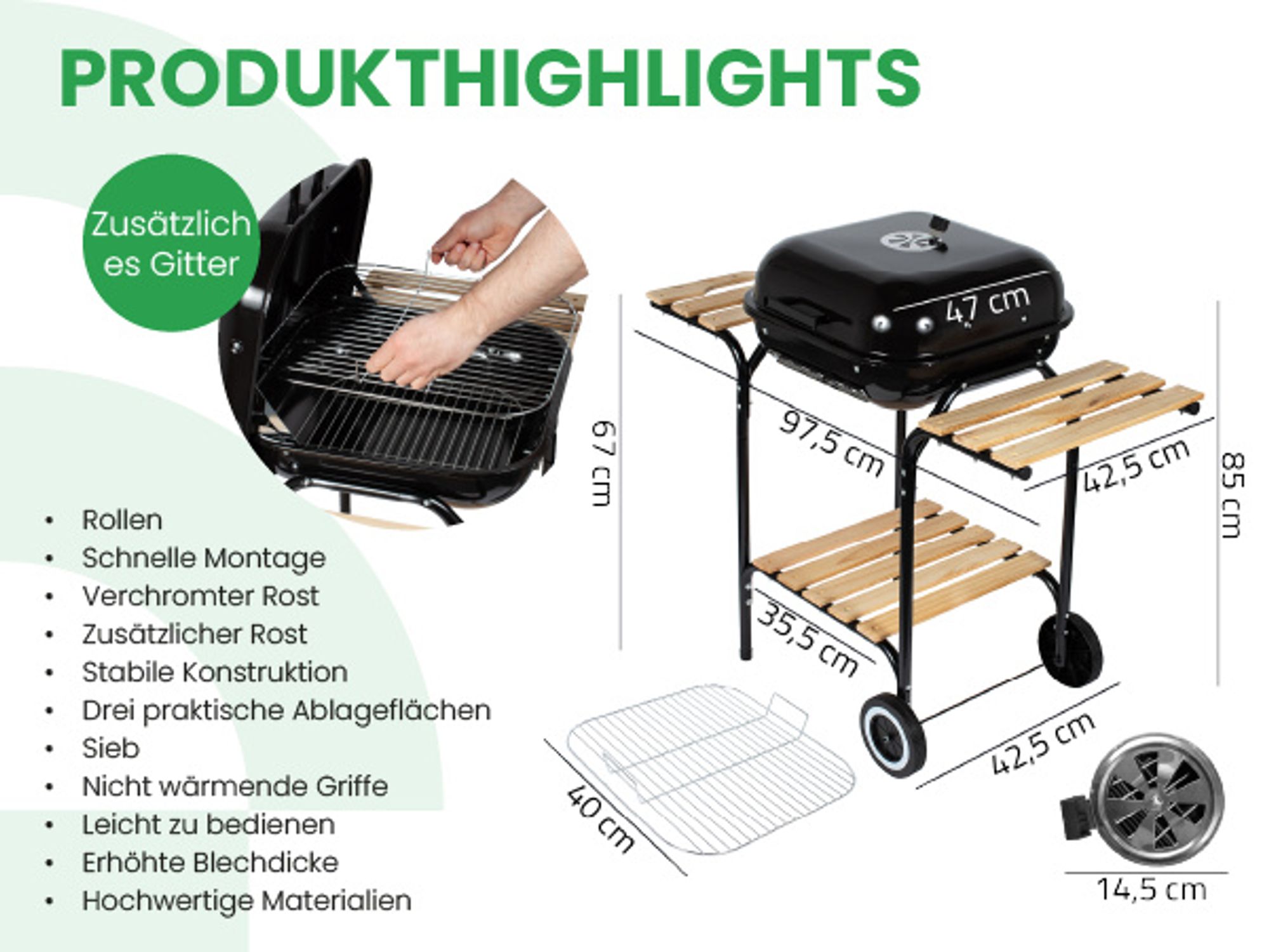 Schwarzer Holzkohle-Gartengrill mit kompakte Abmessungen