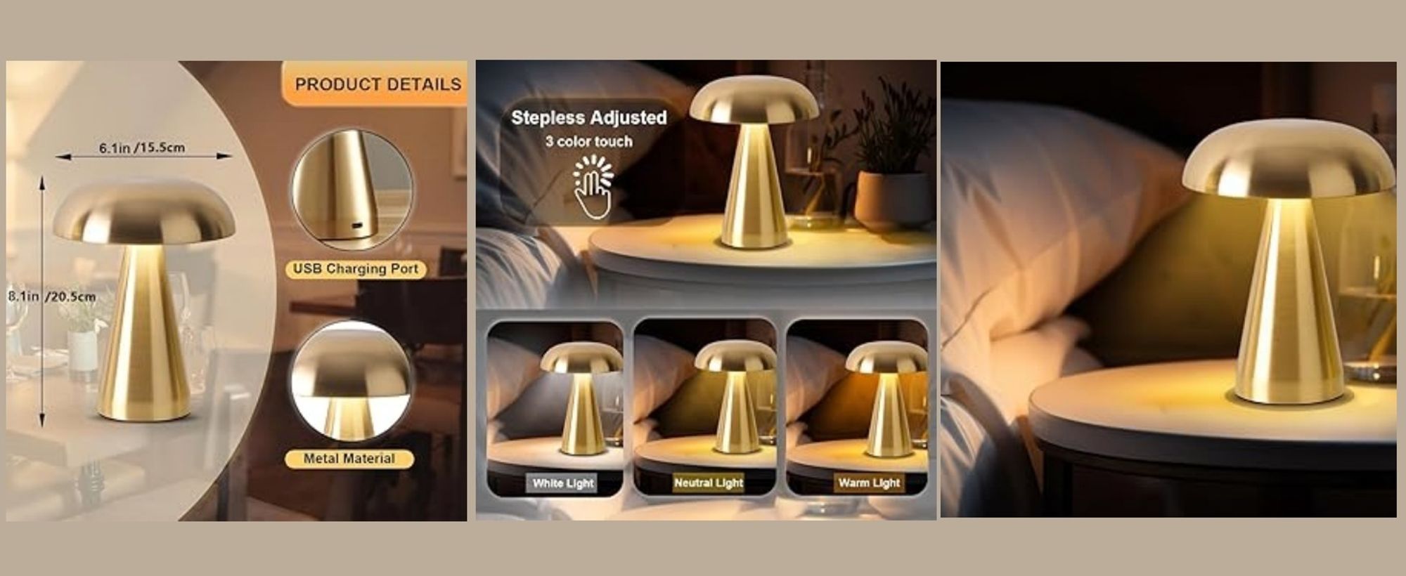 LED Akku Pilz-Tischleuchte gold Metall Dimmbar Kabellos USB Warmweiß Lampe Touch Tischlampe Nachttischlampe，Touch Steuerung Augenschutz Leselampe