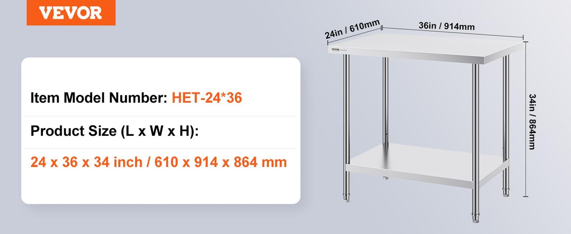 VEVOR Edelstahl Vorbereitungs Tisch, 24 x 24 x 34 Zoll, Schwerlast Metall Arbeitstisch mit 3 verstellbaren Höhenstufen, Gewerbliche Arbeitsstation für Küche Garage Restaurant Garten, 610x914x864 mm