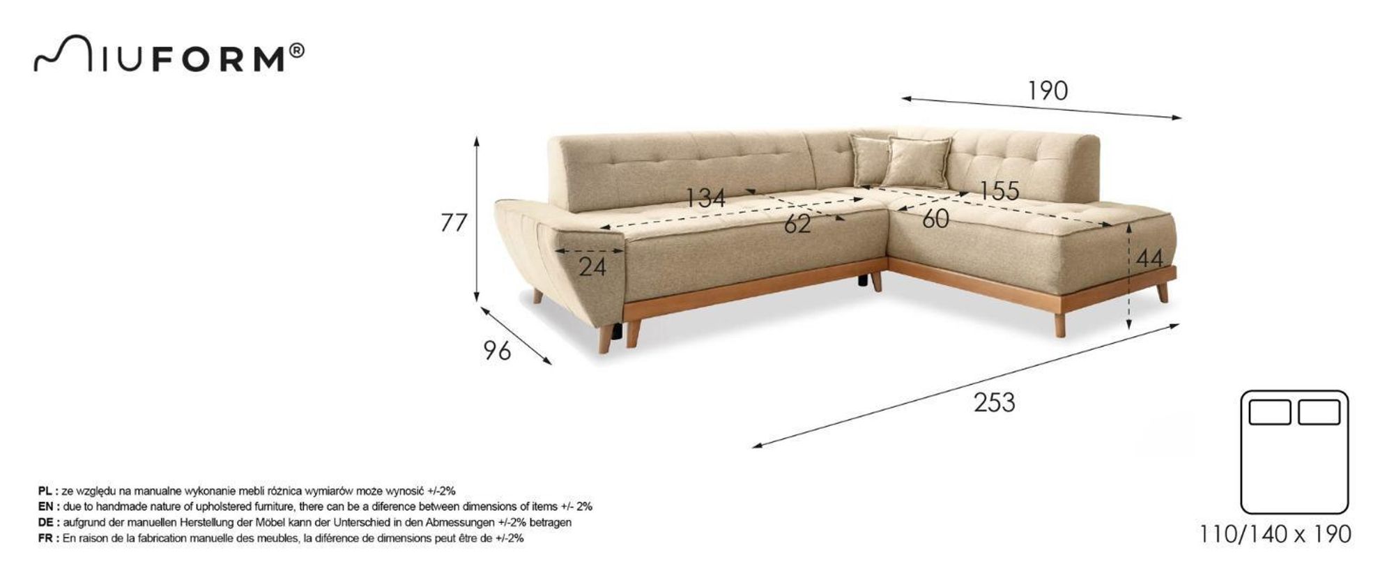 MIUFORM Dazzling Daisy - Ecksofa mit Bettfunktion und Bettkasten L-FORM LINKS - 253x190cm - Türkis - Sofa Schlafsofa Couch