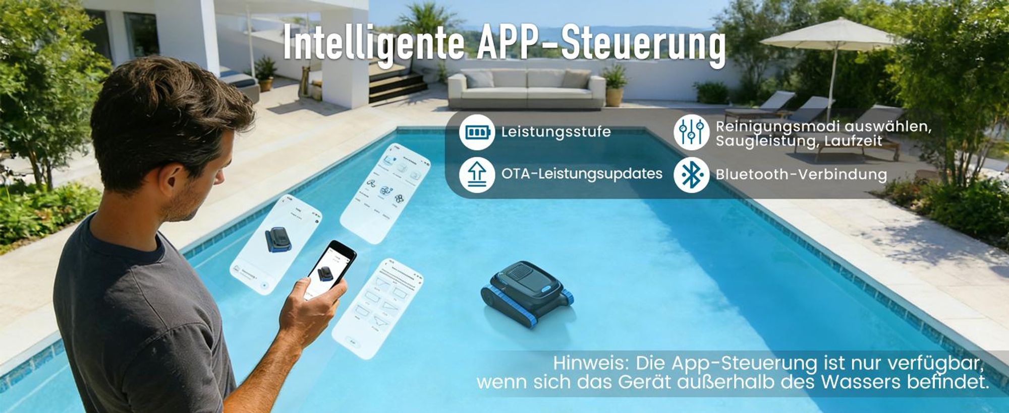 AIRROBO CP40 Poolroboter Boden und Wand mit APP, 120 Min Akkulaufzeit, 170m² Reinigungsfläche, Intelligente Navigation, Selbsteinparkfunktion