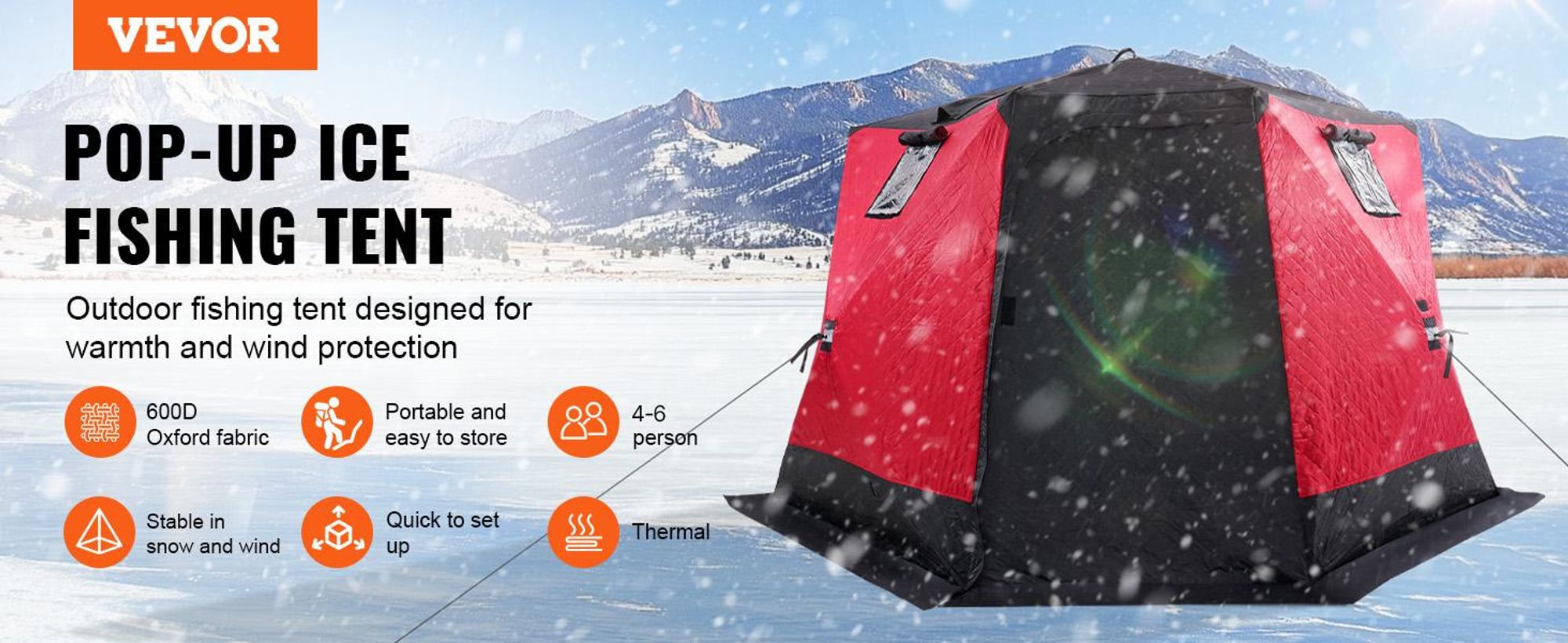 VEVOR Tragbarer Eisunterstand, isoliertes Pop-Up-Zelt zum Eisfischen für 6–8 Personen, 46,6 Quadratmeter befischbare Fläche, thermische Eishütte zum Winterfischen, Eiswürfel, 330 x 330 cm