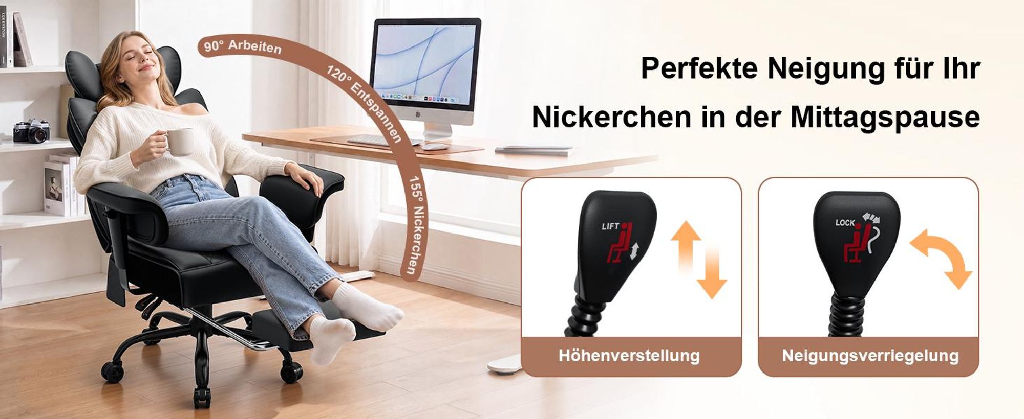 HOFFREE Bürostuhl Ergonomisch mit 7-Punkt-Vibrationsmassage & Lendenheizung, 155° neigbar, Heizfunktion, hoher Rücken, belastbar bis 200 kg, Schwarz