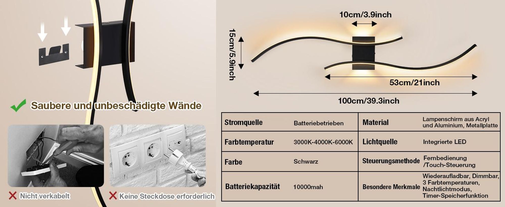 2 Stück LED Wandleuchte Innen Modern Dimmbar 3 Farbtemperaturen Wiederaufladbar Wandlampe mit Fernbedienung