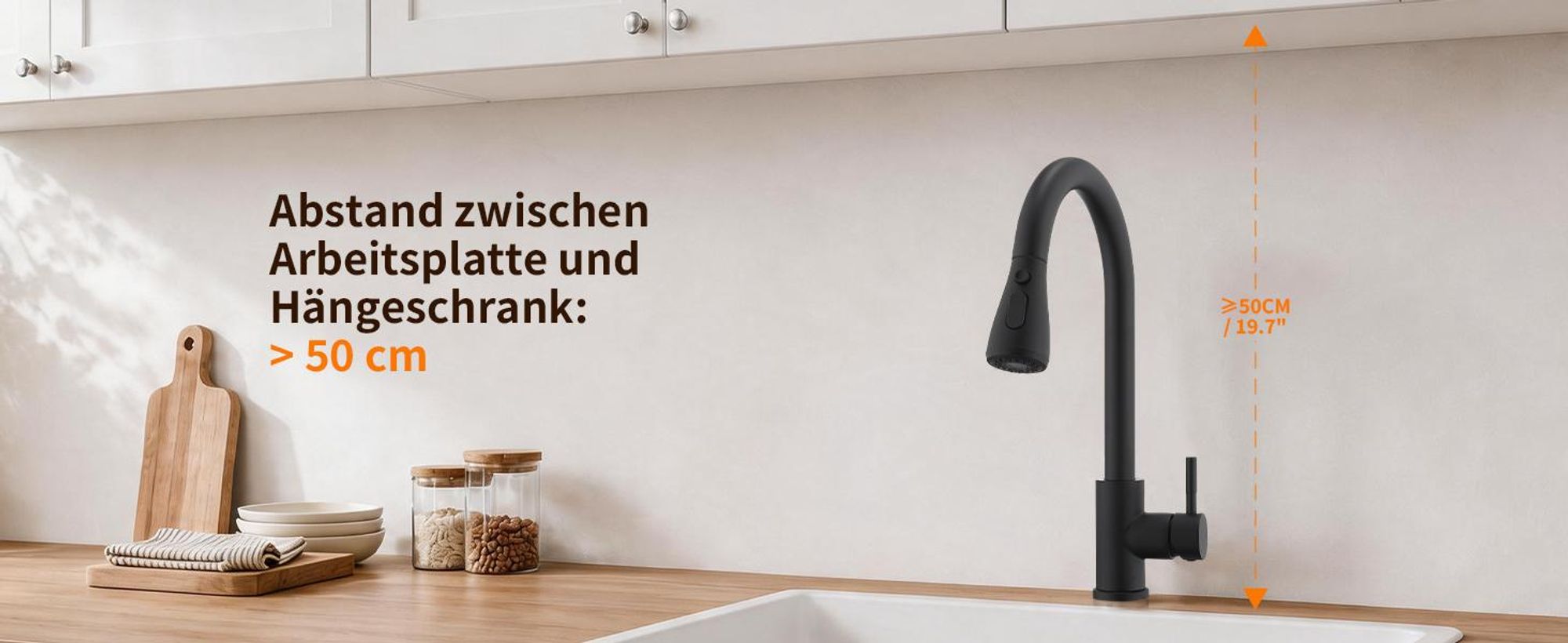 Homelody Küchenarmatur Schwarz, küchenarmatur ausziehbar mit brause 35 cm, 360° Schwenkbar, 3 Strahlarten, Spültischarmatur Küche Edelstahl 304