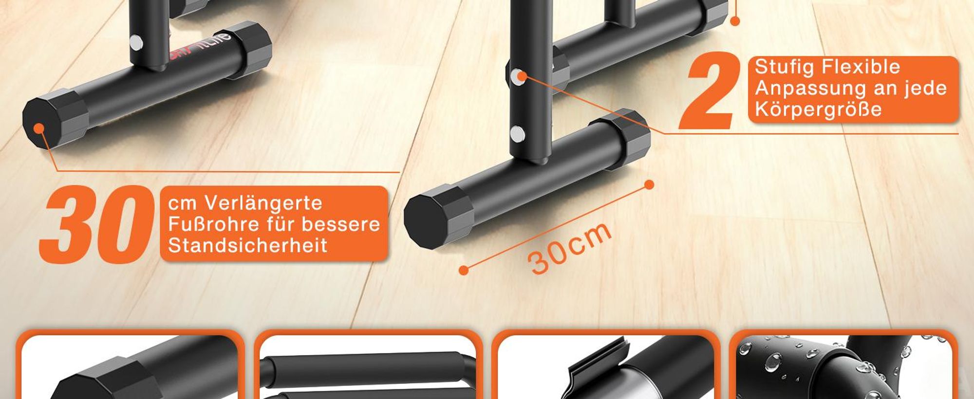 DH FitLife Verstellbare Parallettes (30-35 cm) – 2-stufige Liegestützgriffe & Dip Stangen – 200 kg Belastbarkeit – Indoor & Outdoor