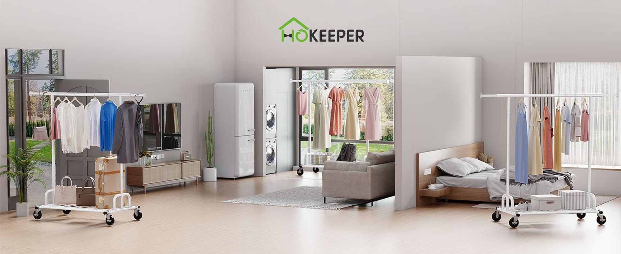 HOKEEPER Profi Doppelter Kleiderständer, bis 272 kg belastbar, Schwerlast Kleiderstange auf rollen (S002W)