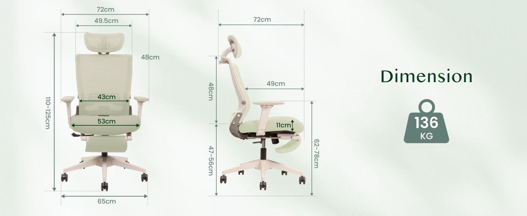 FLEXISPOT Foldex Ergonomischer Bürostuhl,klappbarer Bürostuhl für Kleine Räume mit Lendenwirbelstütze Höhenverstellbaren Armlehnen mit Fußstütze Grün