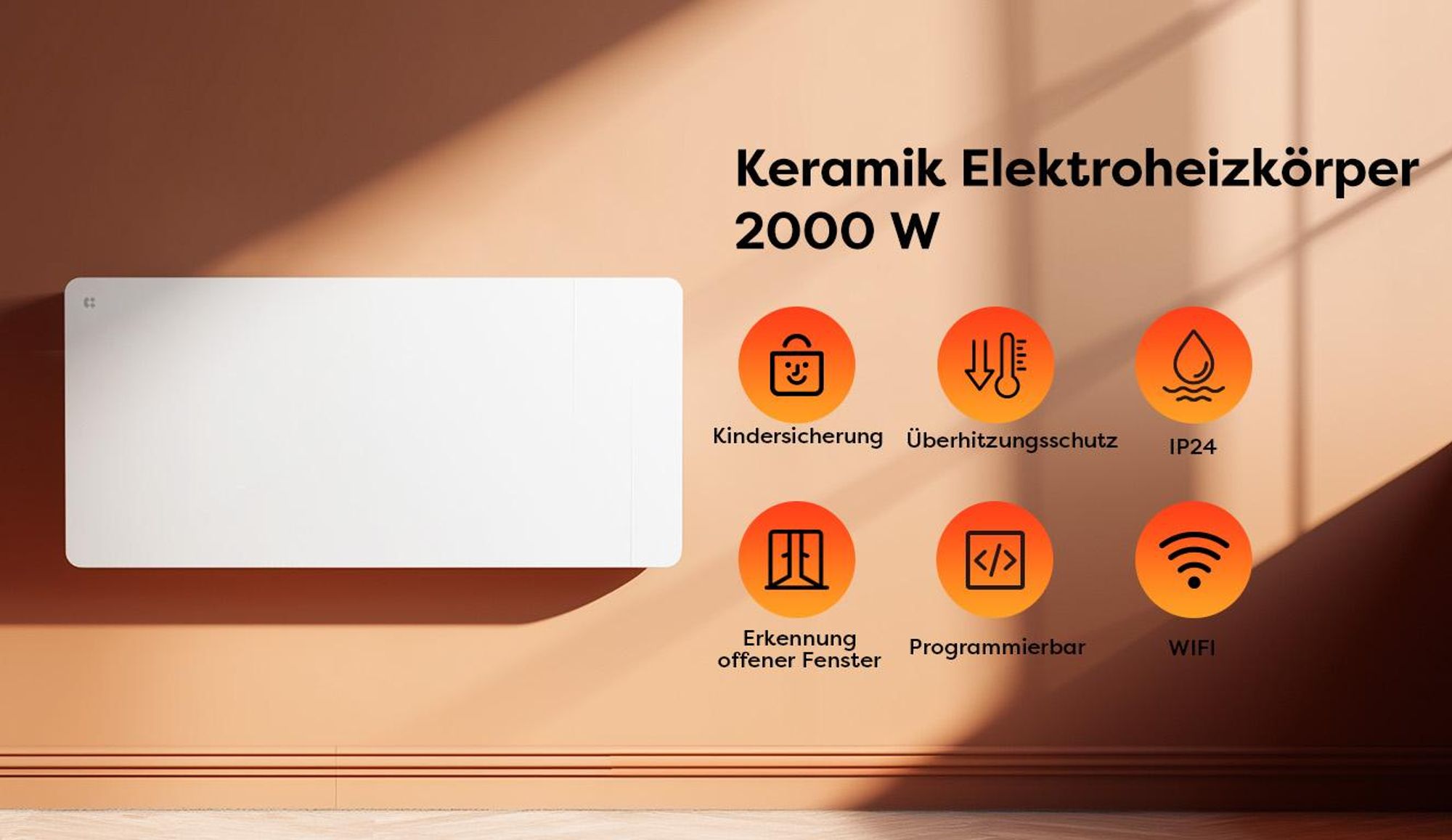 CIARRA Elektro-Heizkörper Heizgerät, Intelligenter Keramik-heizkörper mit WLAN steurung, Thermostat mit PID 15–25 m² 2000 W CBHTD20A-W