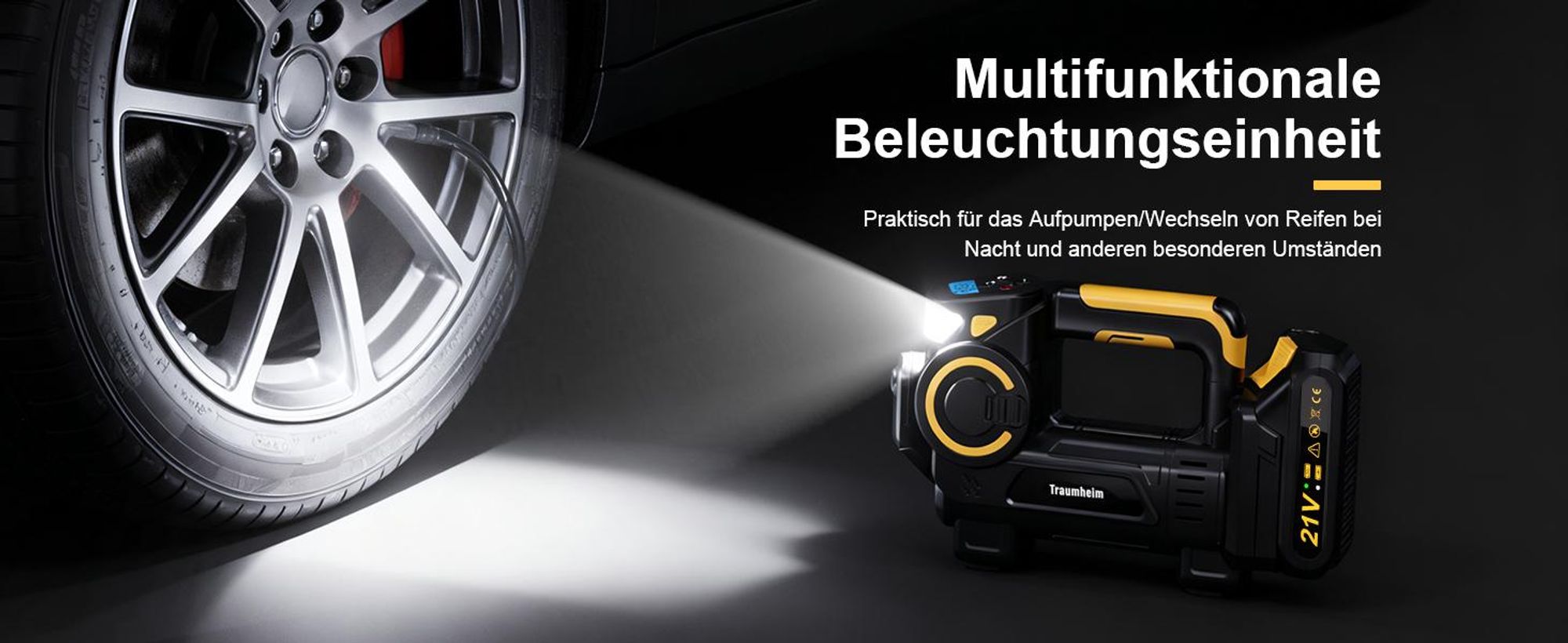 Akku Kompressor 4 in 1: multifunktionale Luftpumpe mit punktgenauer Digitalanzeige & Druckkontrolle, LED-Notleuchte & SOS, mit 1500mAh Akku &Netzkabel
