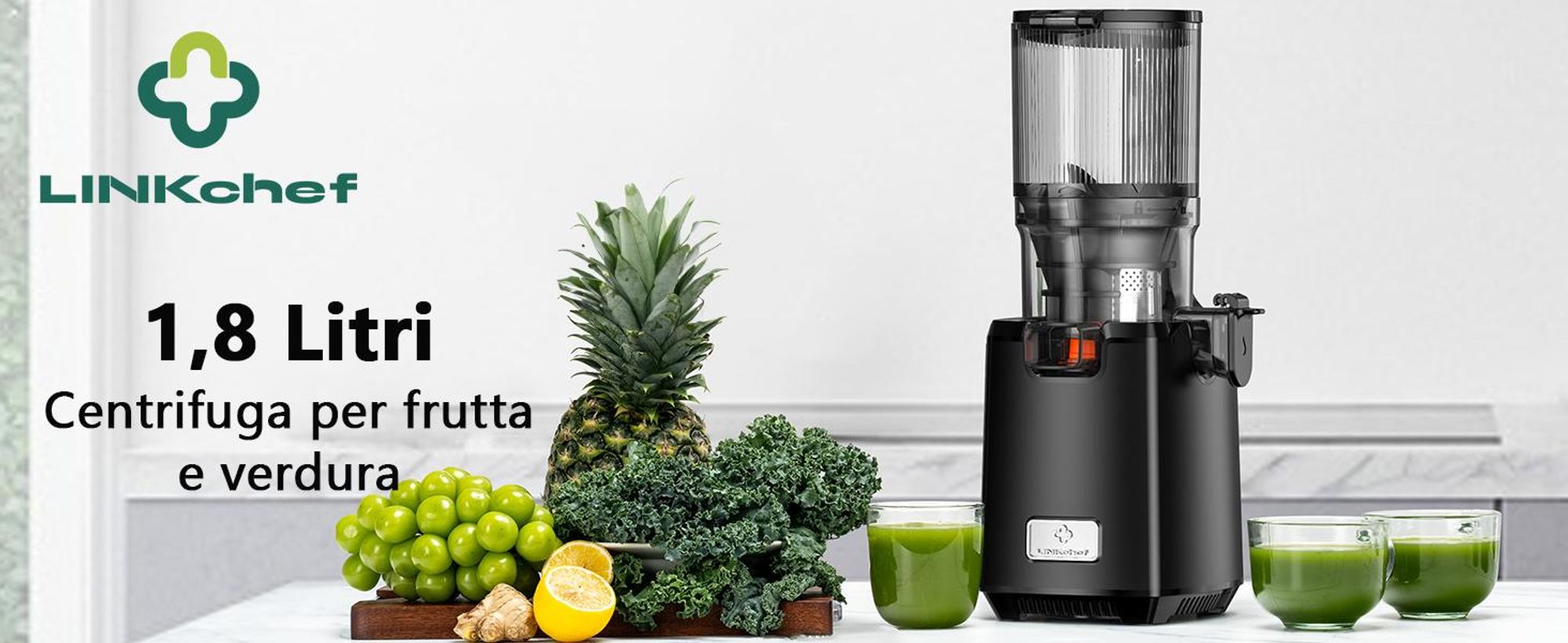Estrattore di succo lento LINKChef SJ-052-EU-BL, adatto per frutta e verdura, dotato di triplo sistema di filtrazione, facile da pulire - Nero