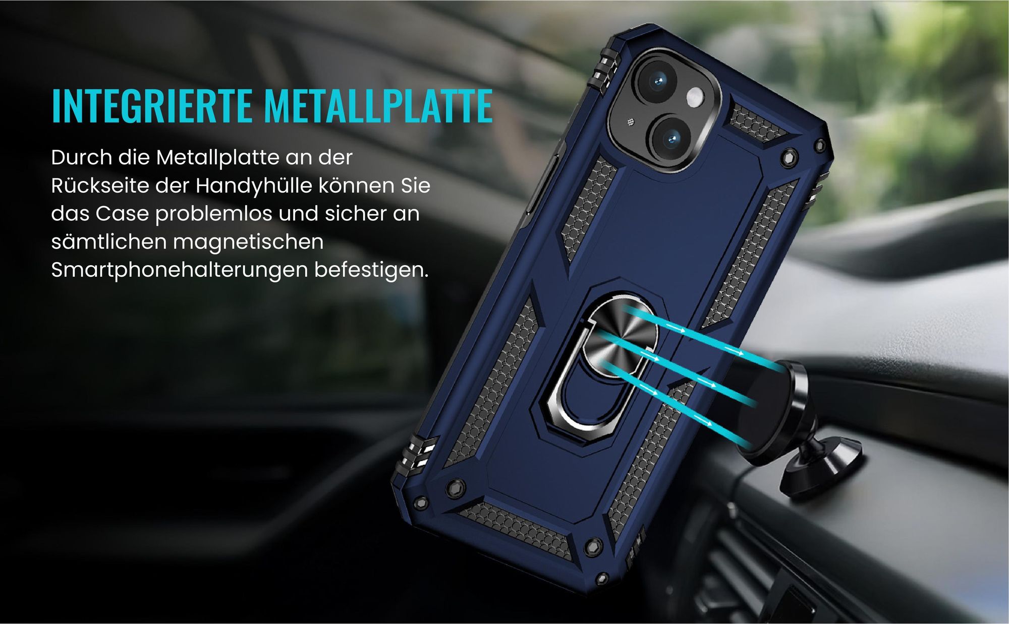 Bumper für Apple iPhone 15 in Blau mit Metallplatte