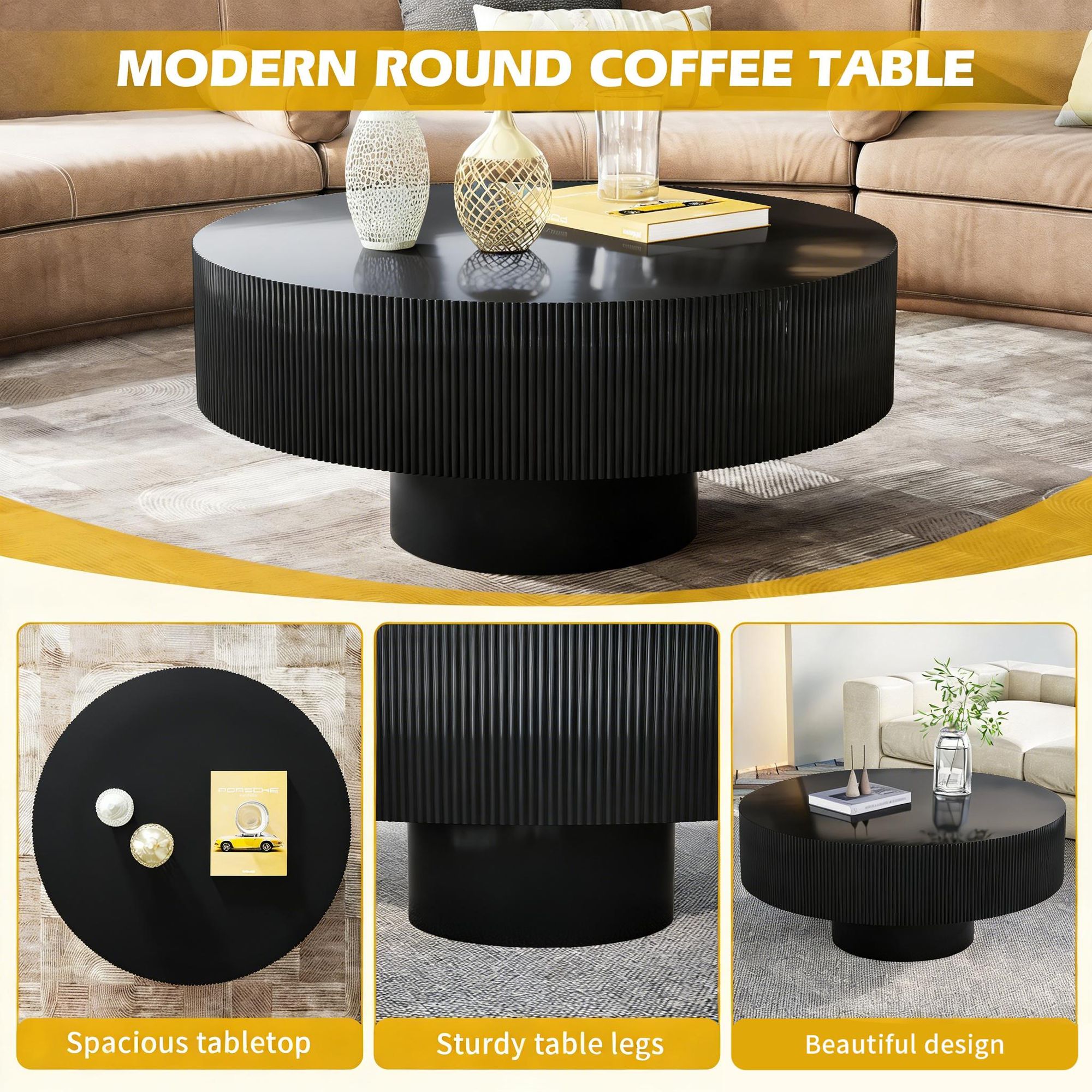 TWSOUL Couchtisch Moderner Runder Couchtisch,78.5cm*35cm mit Fluted-Optik,Schwarz