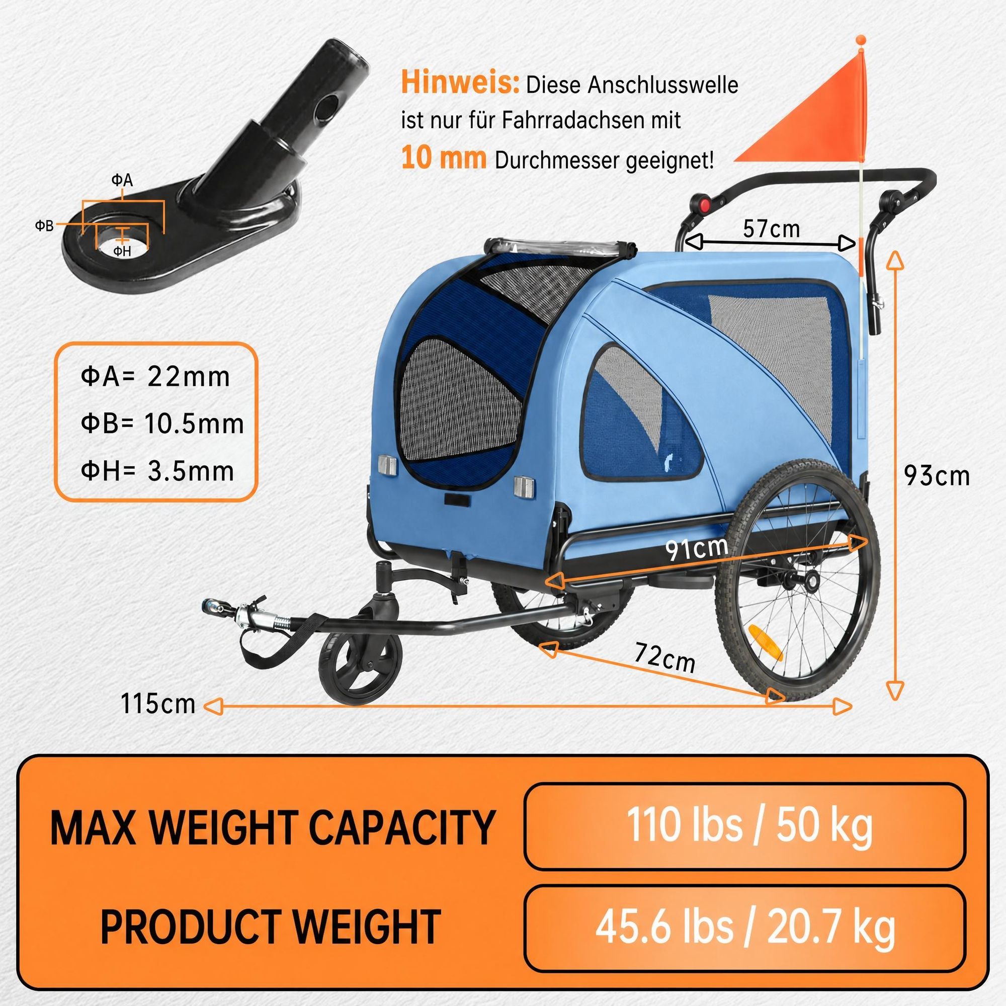 Sepnine 10202NS Remorque Vélo Chien 2-in-1 Bleu 110 lb