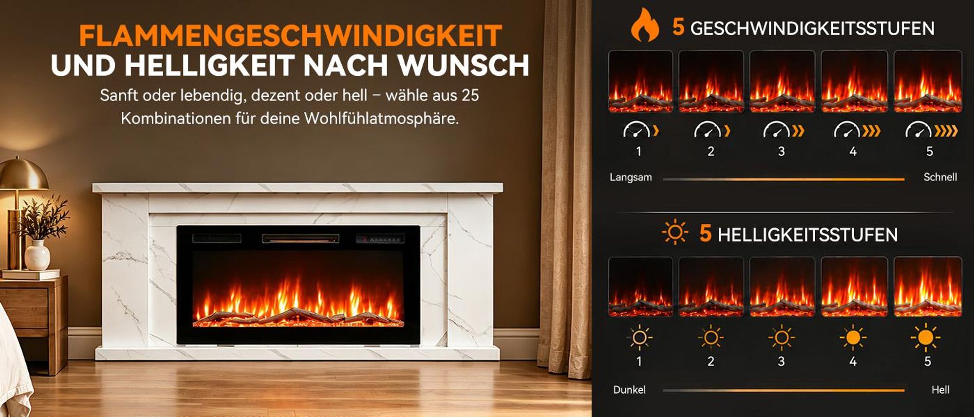 1000/2000 W mit zwei Heizstufen, Flamme und Heizung separat nutzbar