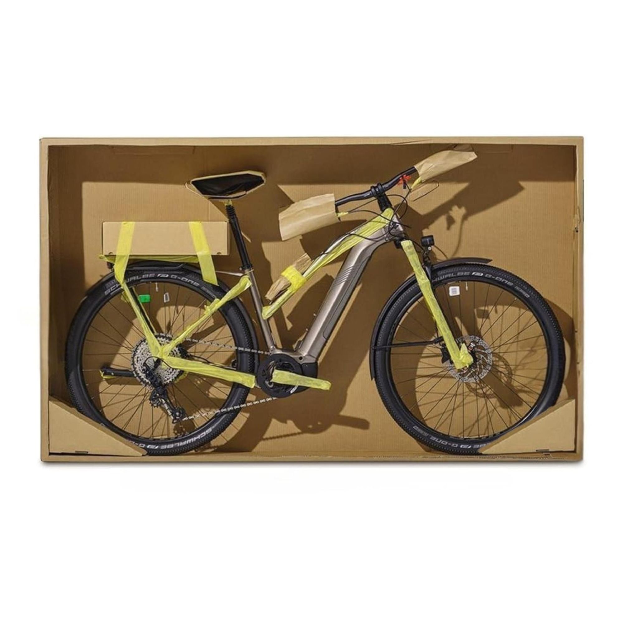 Das Bild zeigt ein Verpackungsbeispiel für ein Fahrrad.