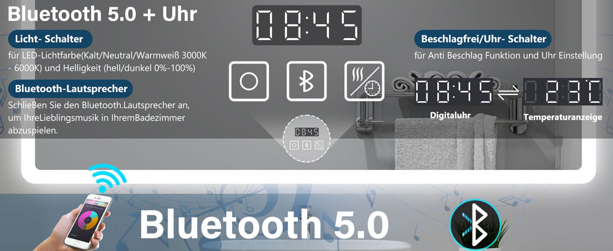 AICA LED Wandspiegel 120x70cm mit Bluetooth Uhr und Beschlagfrei Badspiegel 3 Lichtfarbe 3000K/4500K/6000K Dimmbar IP44