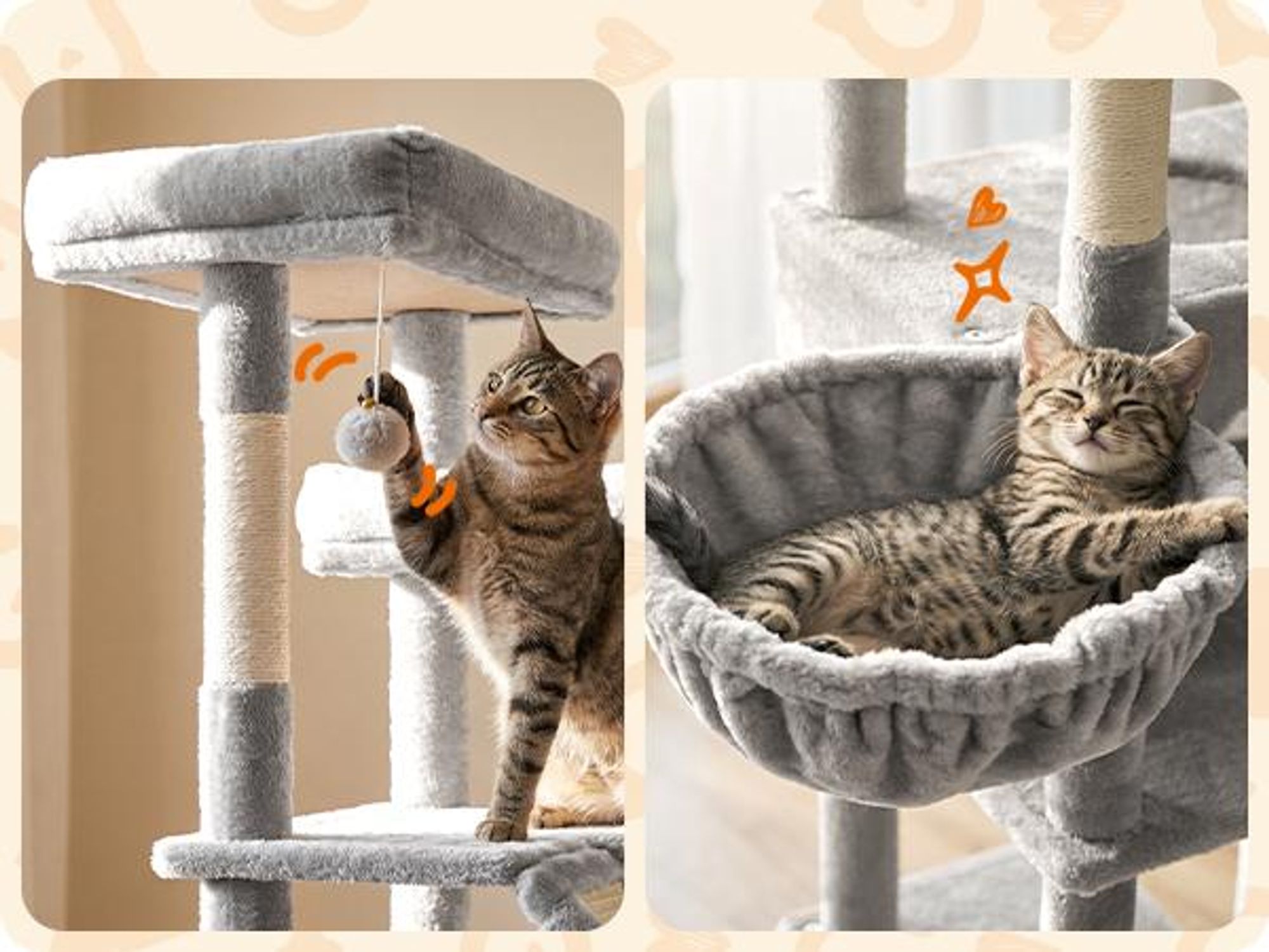 FEANDREA Kletterbaum für Katzen, extra groß, stabiler Katzenkratzbaum mit Kratzsäulen, Plüsch, für große Katzen, taubengrau