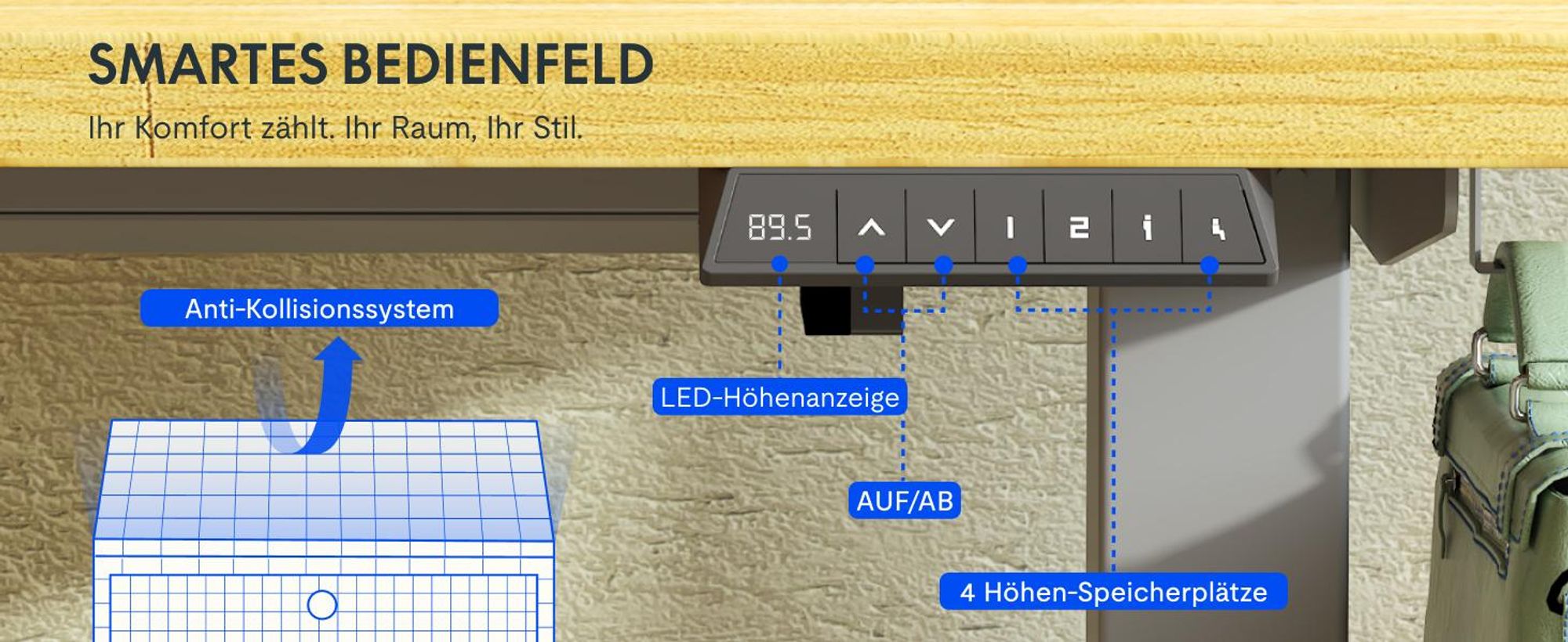 FLEXISPOT EN1 Höhenverstellbarer Schreibtisch 140x80cm, 100 kg Tragkraft, mit Anti-Kollisionsschutz, Einteilige Tischplatte, 4 Memory-Funktion (Ahorn)