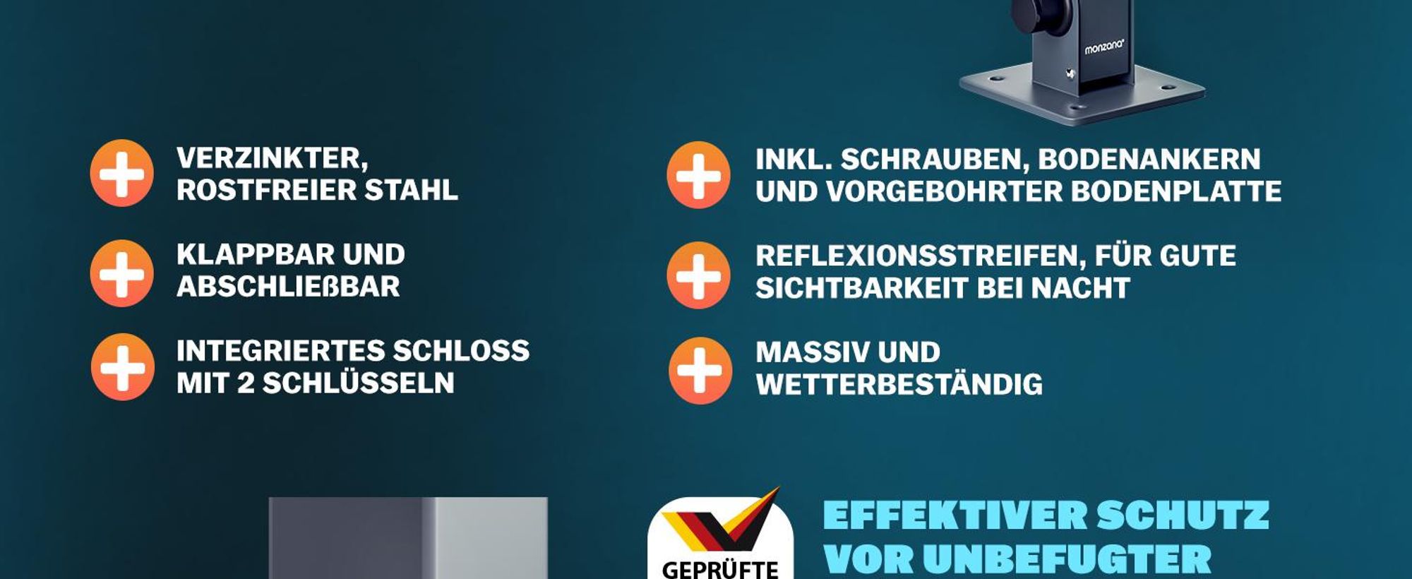 MONZANA® Parkplatzsperre 2 Schlüssel klappbar integriertes Schloss Stahl Robust Parkpfosten Parkplatzbügel Sperrpfosten