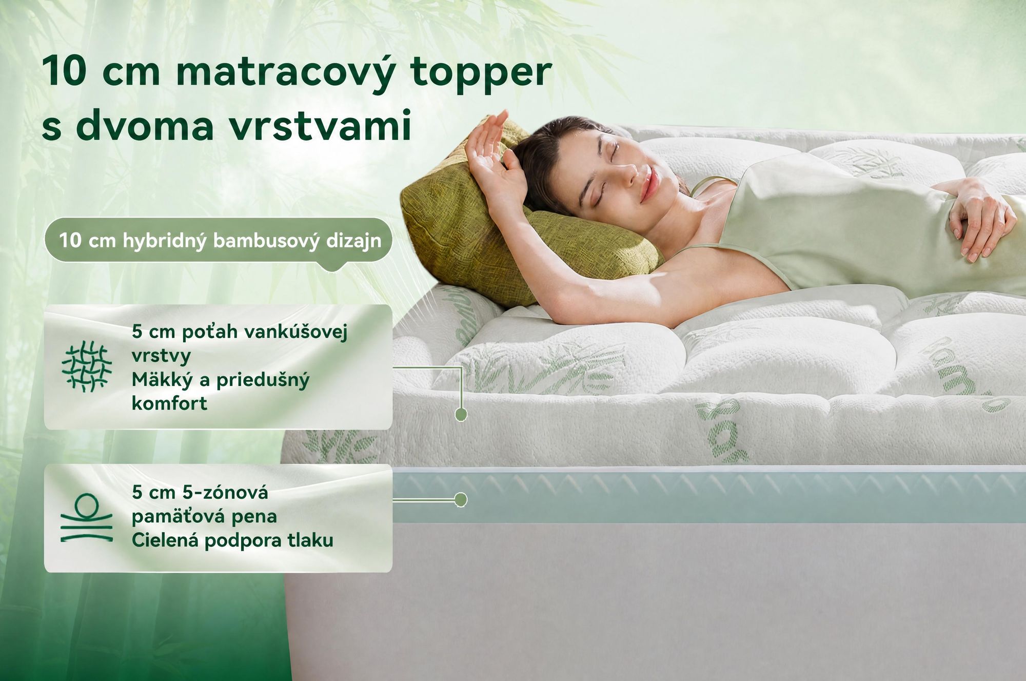 NicePlus, vrchná matrace 2 v 1, 180x200x10 cm, 5-zónová pamäťová pena + vrchná vrstva z bambusu, s rohovými gumičkami vhodná pre všetky matrace, tvrdosť H2/H3, zelená