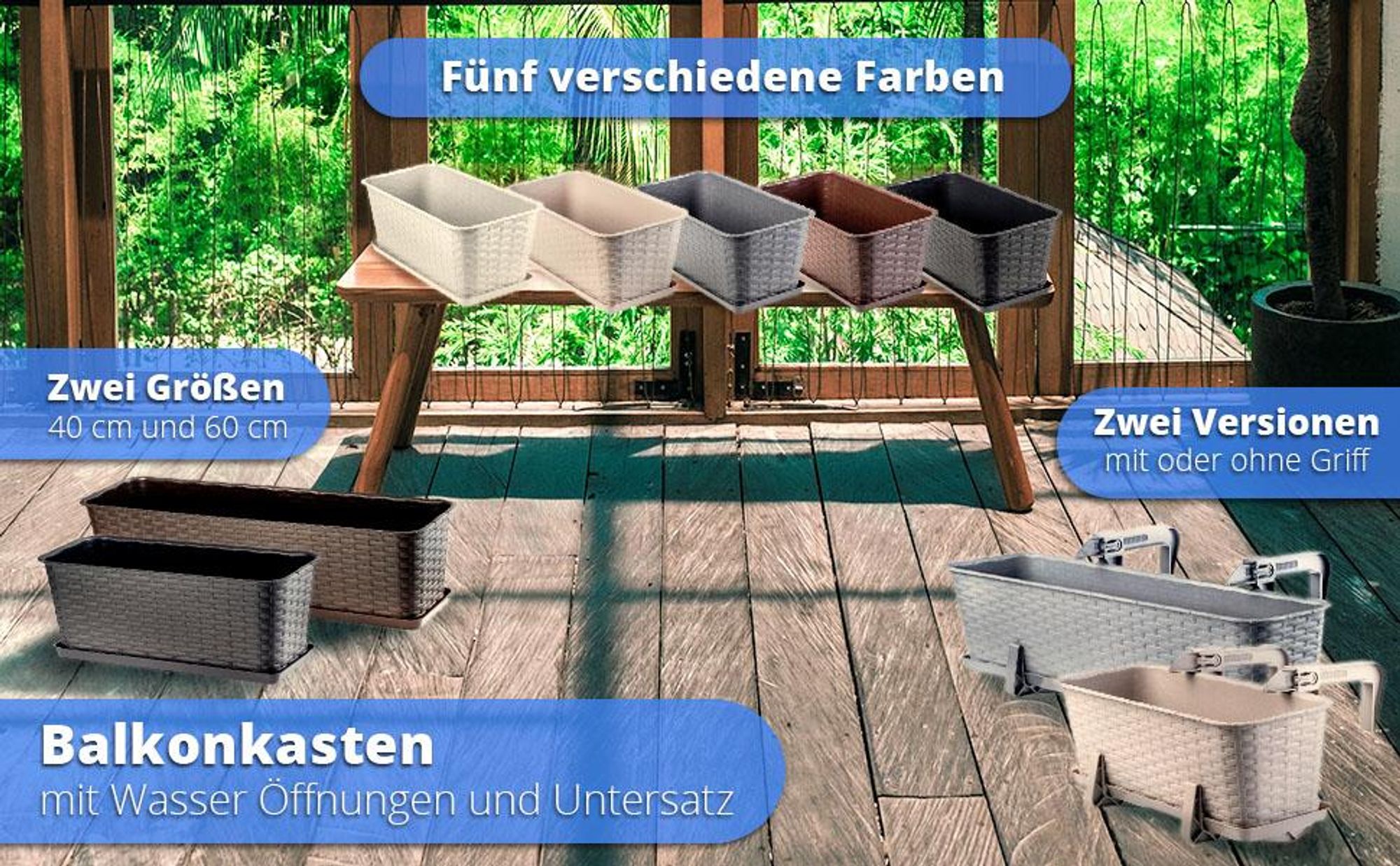 KADAX Blumenkasten 40 cm Braun mit Untersetzer, Rattan-Optik – Pflanzkasten für Balkon oder Fensterbank, langlebiger Balkonkasten