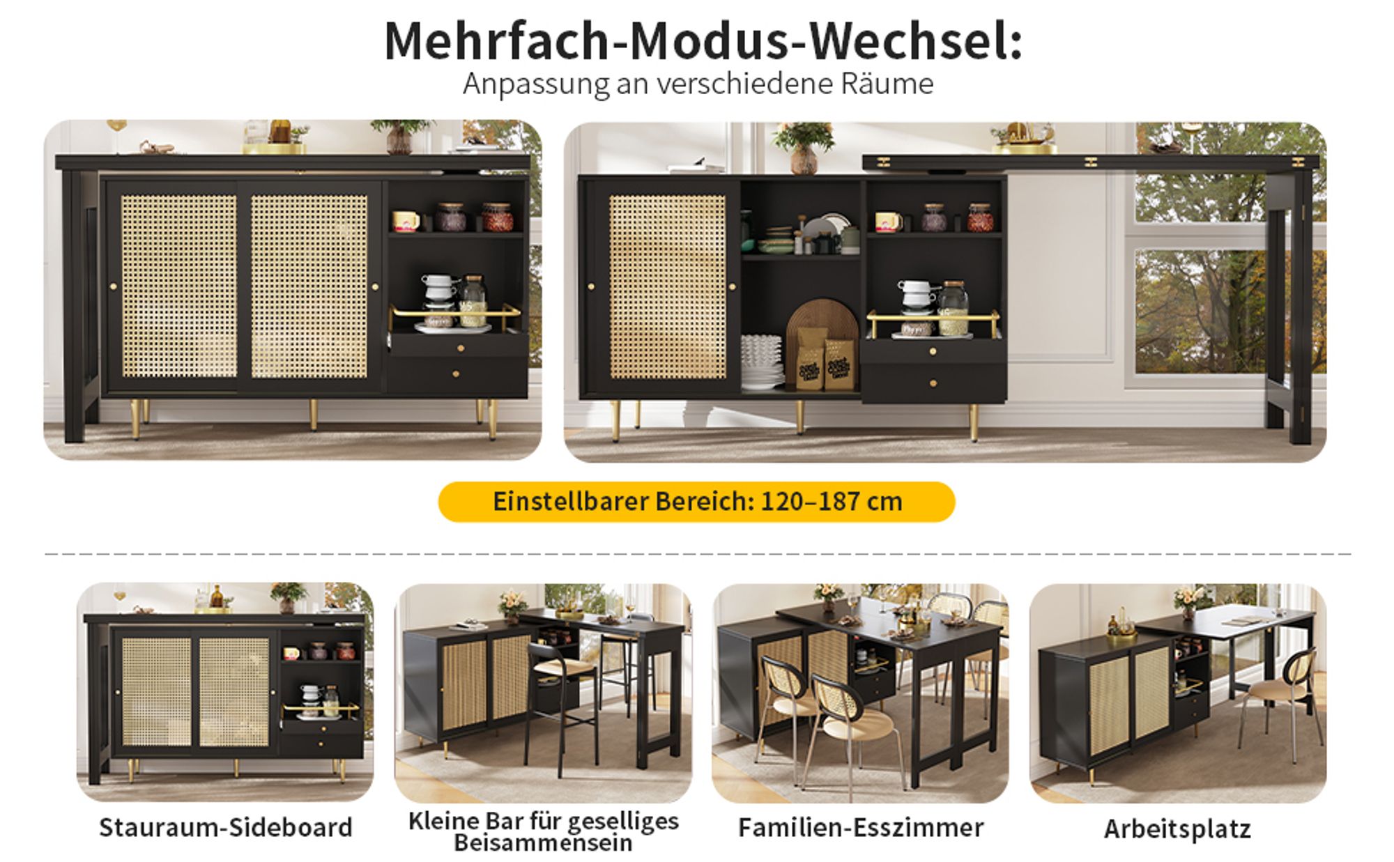 Flieks Bartisch 360°drehbar mit Rattan-Schiebetür, Stehtisch mit klappbare Tischplatte, Sideboard Essbar 120-187x40-80x76 cm, schwarz