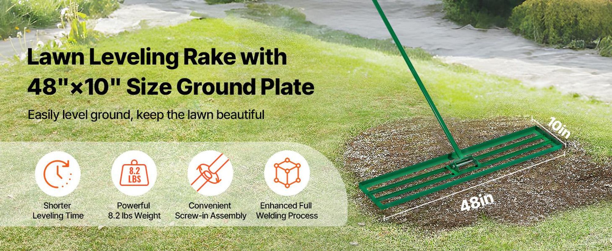 VEVOR Rasenebene-Rake, 30"x10" Rasenwerkzeug, Schwerlast-Rasenebner mit 78" Stahlverlängerungsgriff, Rasenebene-Rake geeignet für Garten, Golfplatz, Bauernhof, Legierung-10x48 Zoll