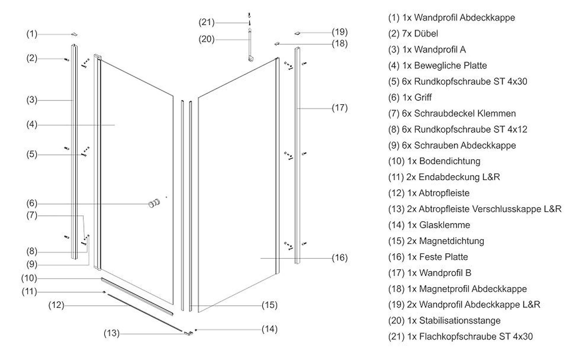 Duschkabine aus Sicherheitsglas (ESG) 5 mm klar Höhe 187 cm rahmenlos Chrom-Optik