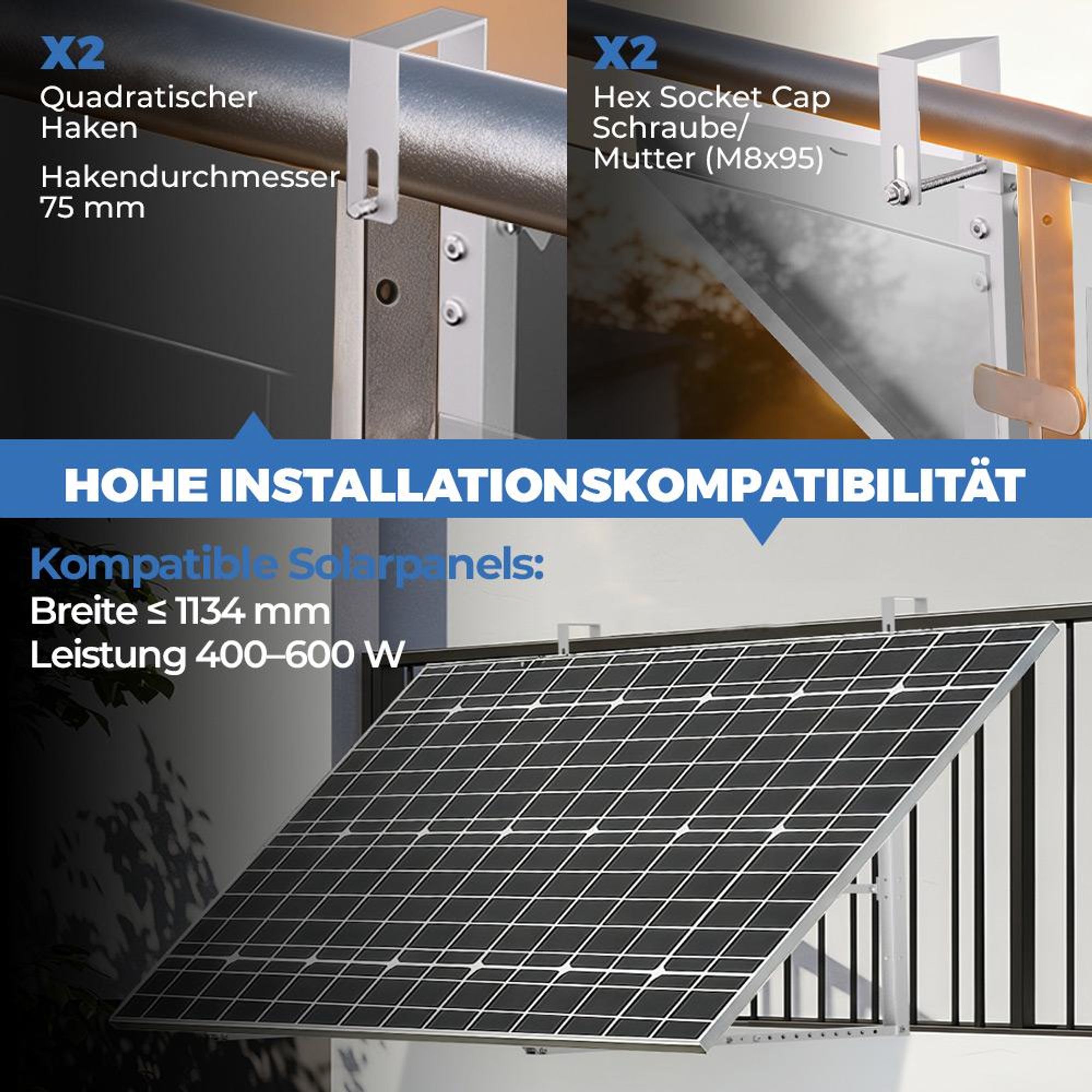 Balkonkraftwerk PV Halterung für Geländer Flachdach Wand Solarmodul Montage mit Flachem Kopf Haken für 2 Solarmodul