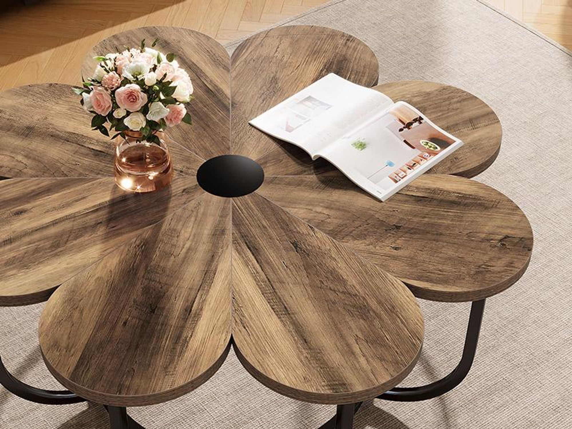 Tavolino Tribesigns, alto 100 cm, moderno centrotavola d'accento con piano in legno a forma di fiore e struttura in metallo per il soggiorno
