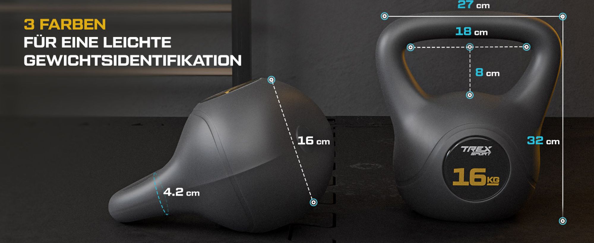 TREX SPORT Kettlebell 16 kg Kugelhantel Schwunghantel TX-016CKB | Kugelgewicht, Fitness & Krafttraining | rutschfester Griff, bodenschonend