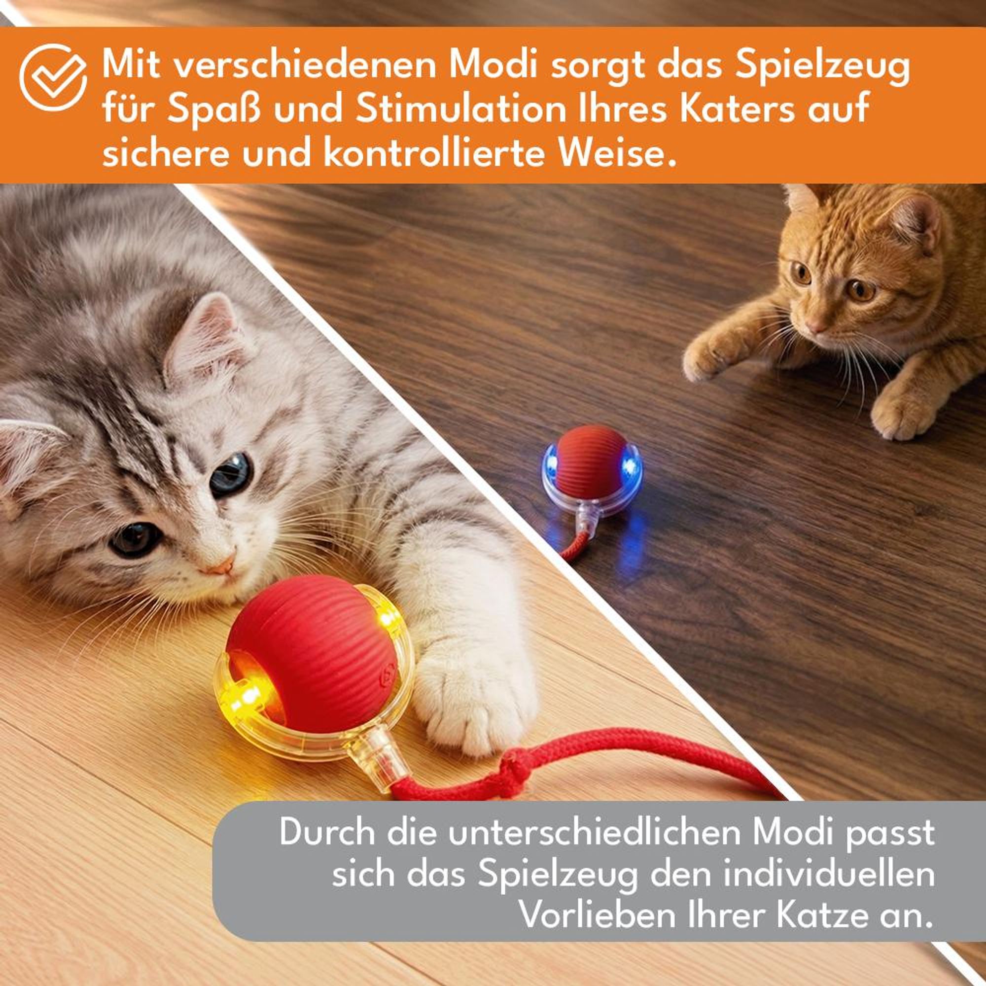 KRUMAD Interaktiver Katzenball mit LED und Schwanz, Elektrisches Katzenspielzeug USB Aufladbar, Spielball für Katzen Zuhause, Rot