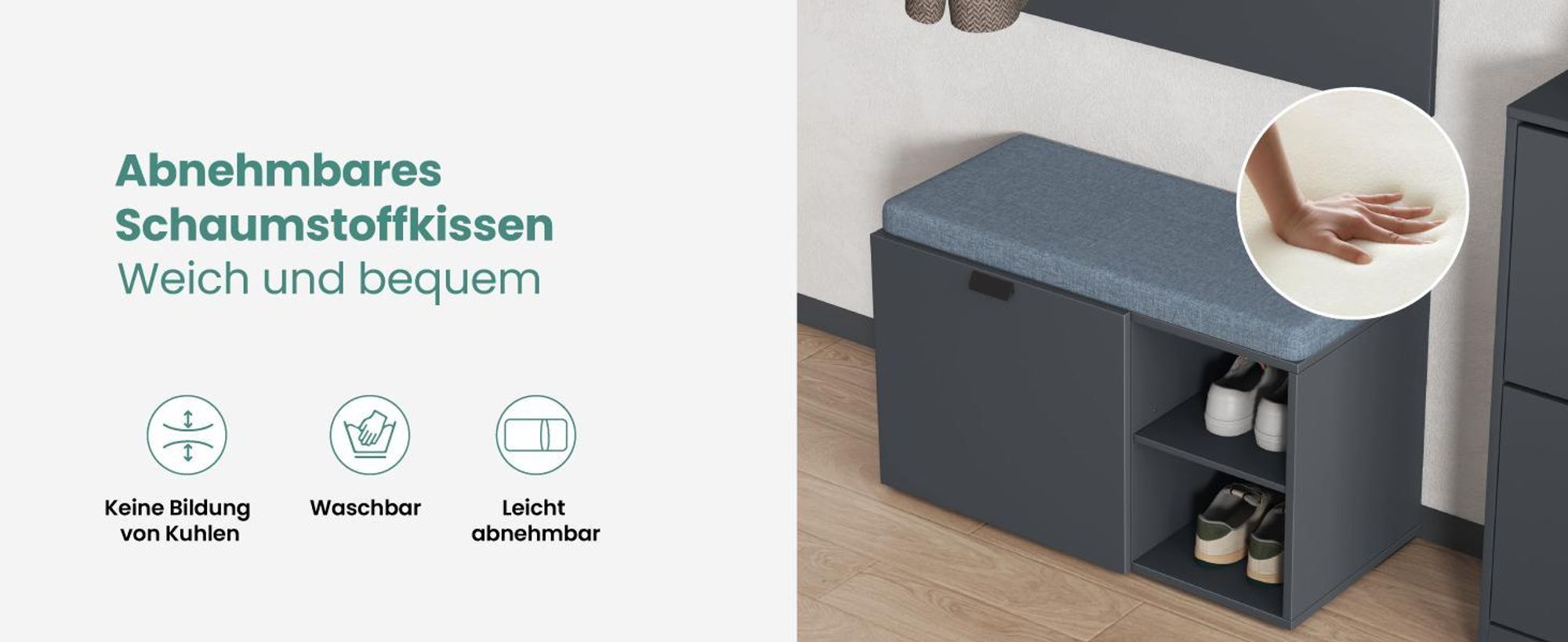 Mai & Mai Schuhbank mit Sitzfläche, Schuhregal mit Schiebetüren und offenen Fächern, gepolsterter Sitz, verstellbare Ablagen Matt weiß Zitta-01