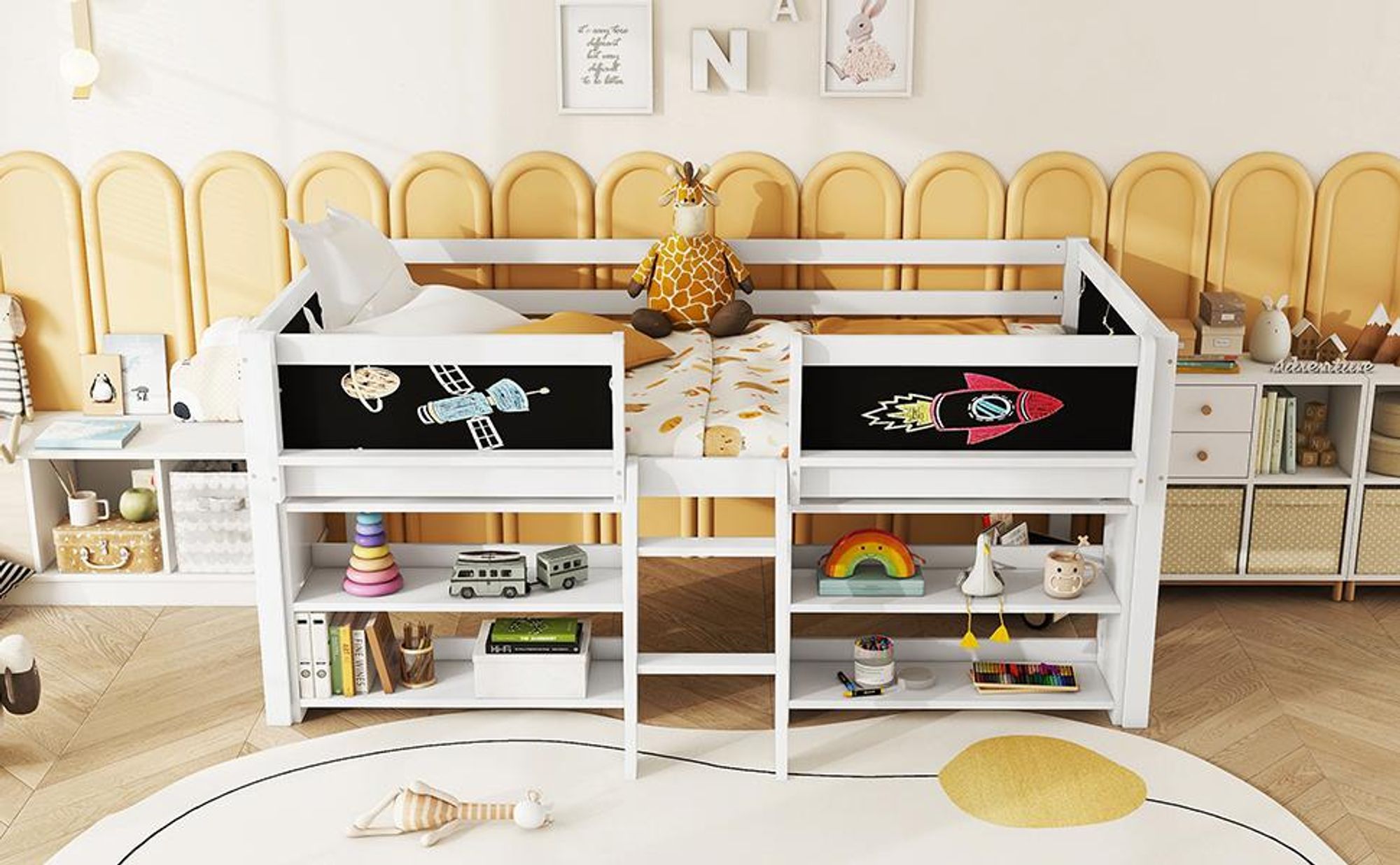 Merax Halbhohes Etagenbett 90x200 cm, mit Stauraumfächern, Sicherheitsgeländer, Leiter & Zeichentafel, Kinderbett, Stockbett, Hochbett, Weiß
