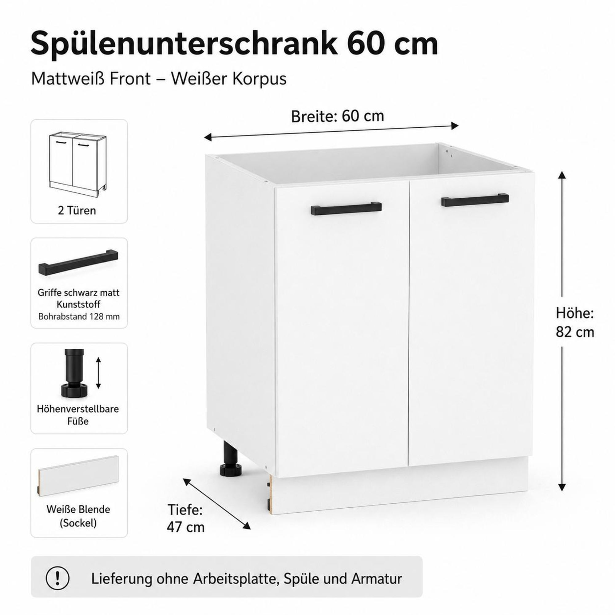 Spülenschrank 60 cm Anthrazit: Technische Übersicht, Maße 60x82x47 cm & Skizze.