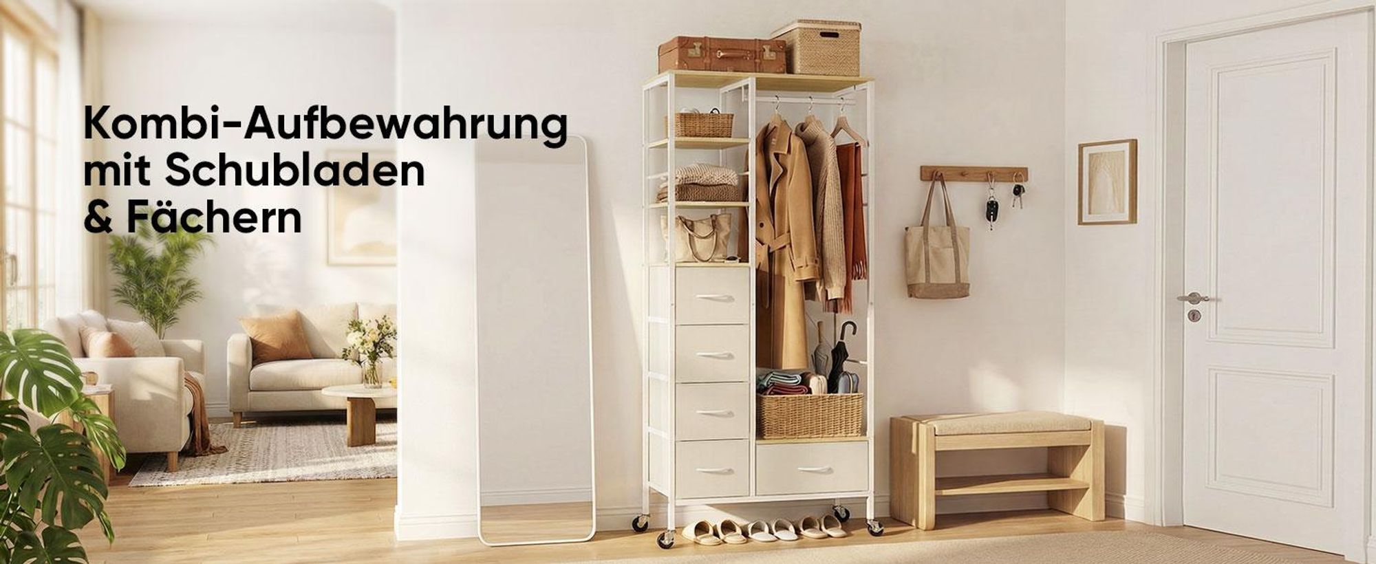 HOKEEPER Kleiderständer auf Rollen, fahrbarer Kleiderständer mit Schubladen, Kleiderstange, Jackenständer, Haken, offener Kleiderschrank, Beige