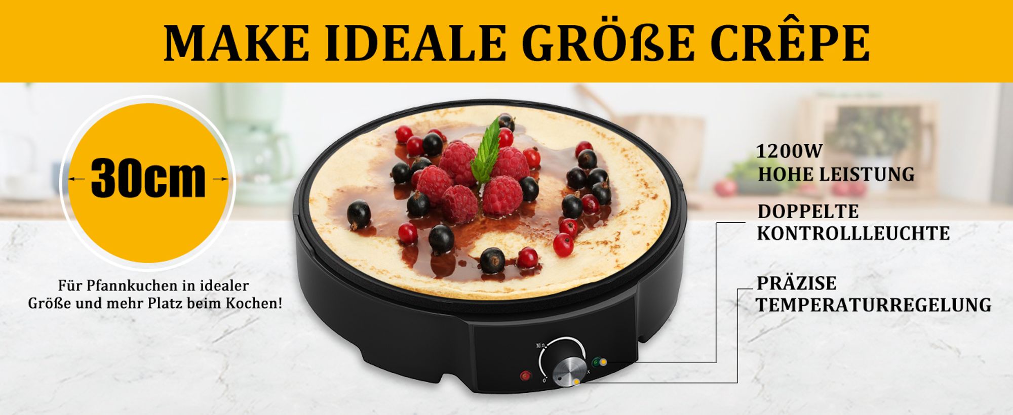 HOMELUX Crêpes Maker für Crepes mit Ø 30 cm, 1200 W Crêpes-Maker inkl. Teigverteiler & Crêpes-Wender, Antihaftbeschichtung, Temperaturregler