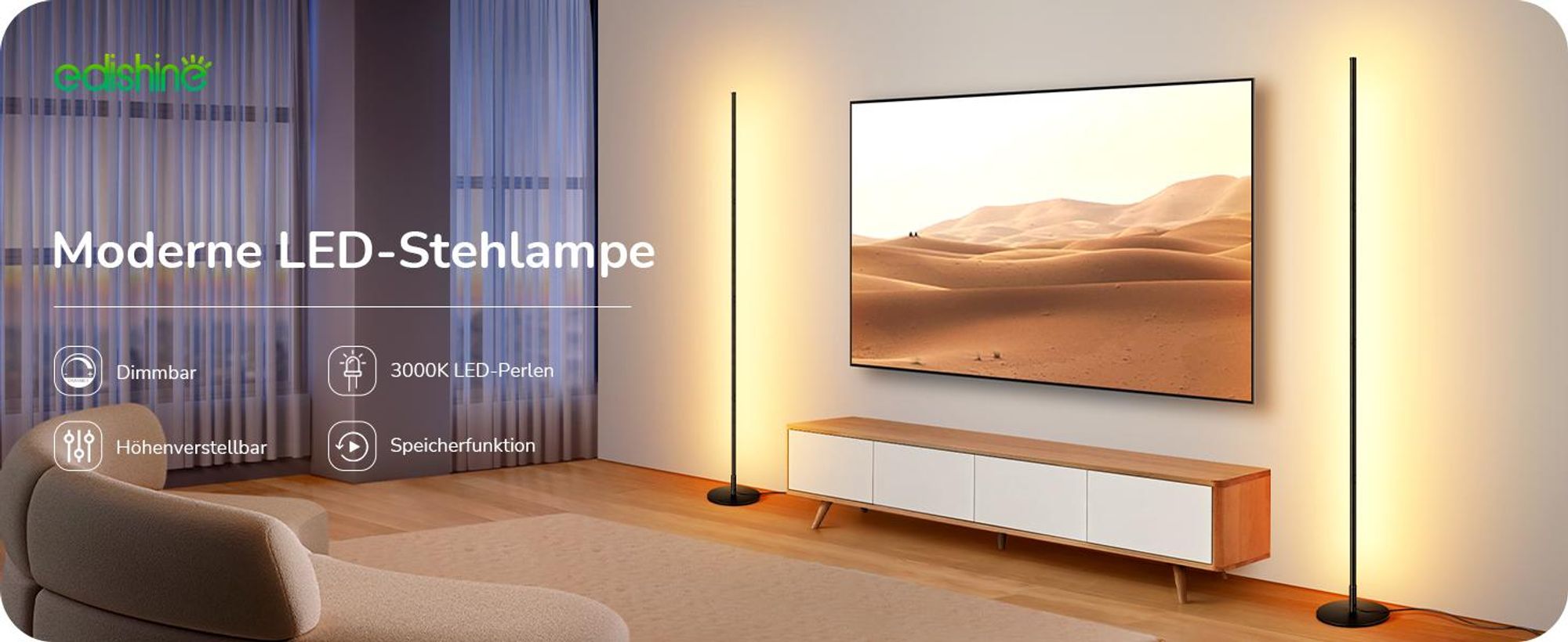 EDISHINE LED Stehlampe Wohnzimmer Dimmbar, Stehleuchte höhenverstellbar, Schwarz