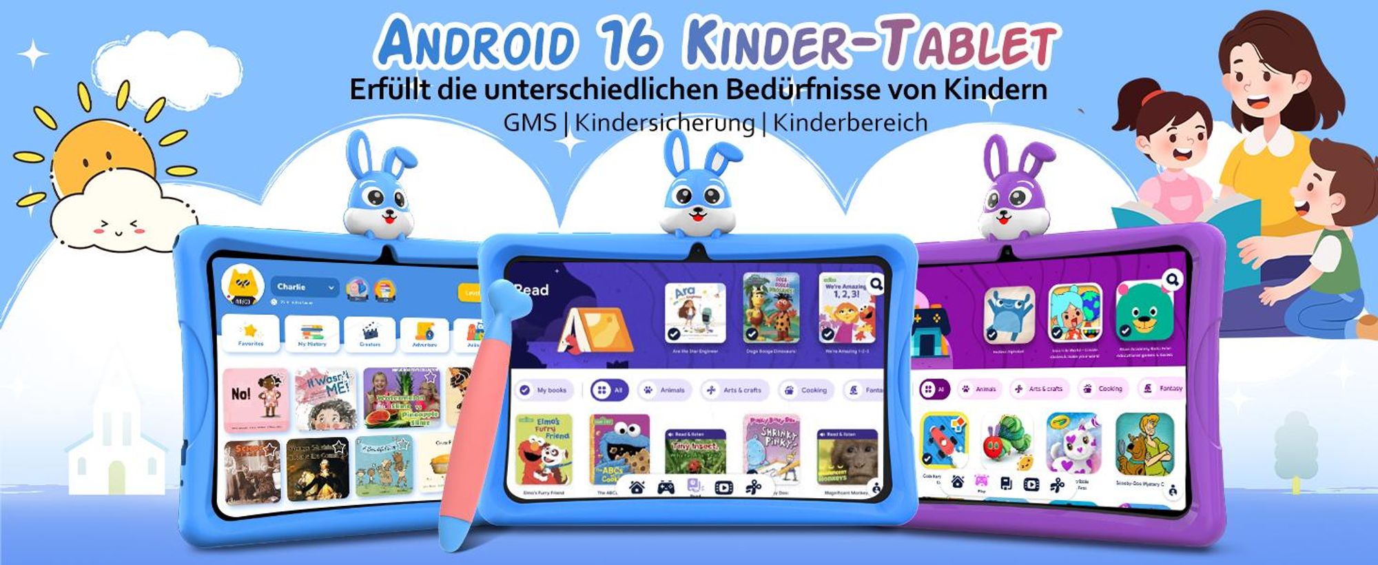 Tabwee K10, 10.1" Kinder Tablet, 4GB+128GB, Android 16, WiFi Tablet für Kinder, mit Schutzhülle und Stift, 5000 mAh, Google Kids Space