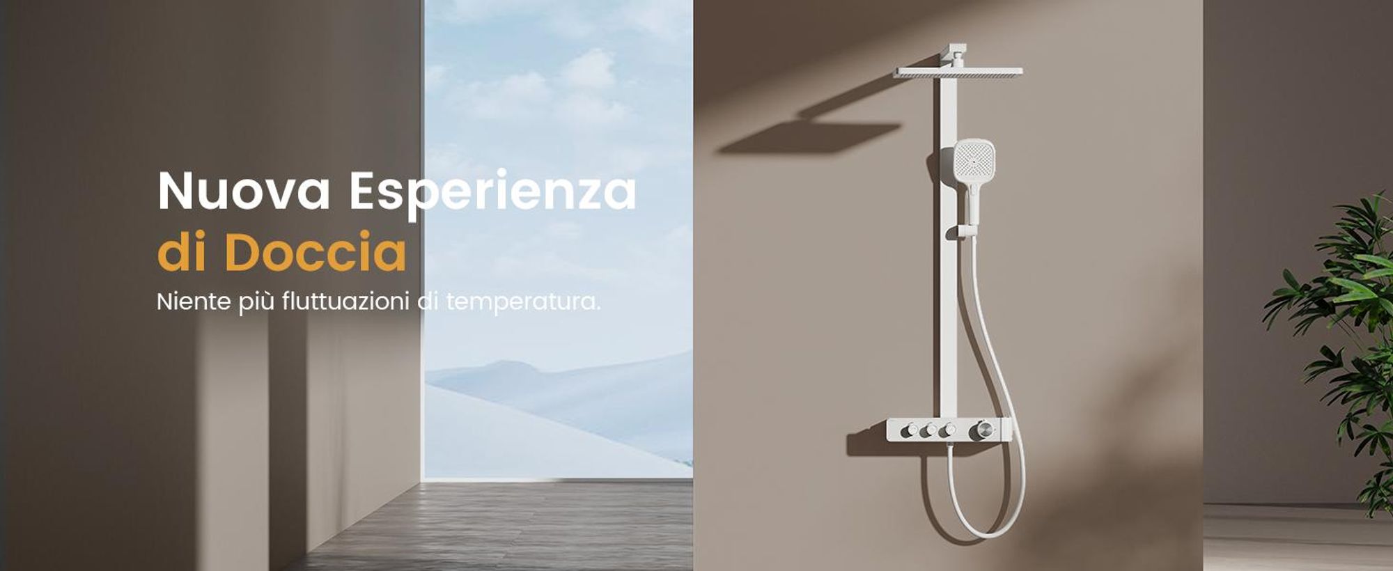 Sistema doccia EMKE con termostato Colonna doccia bianca con doccia a pioggia quadrata 360×240 mm, bocca di erogazione, regolatore di flusso e mensola in vetro F27