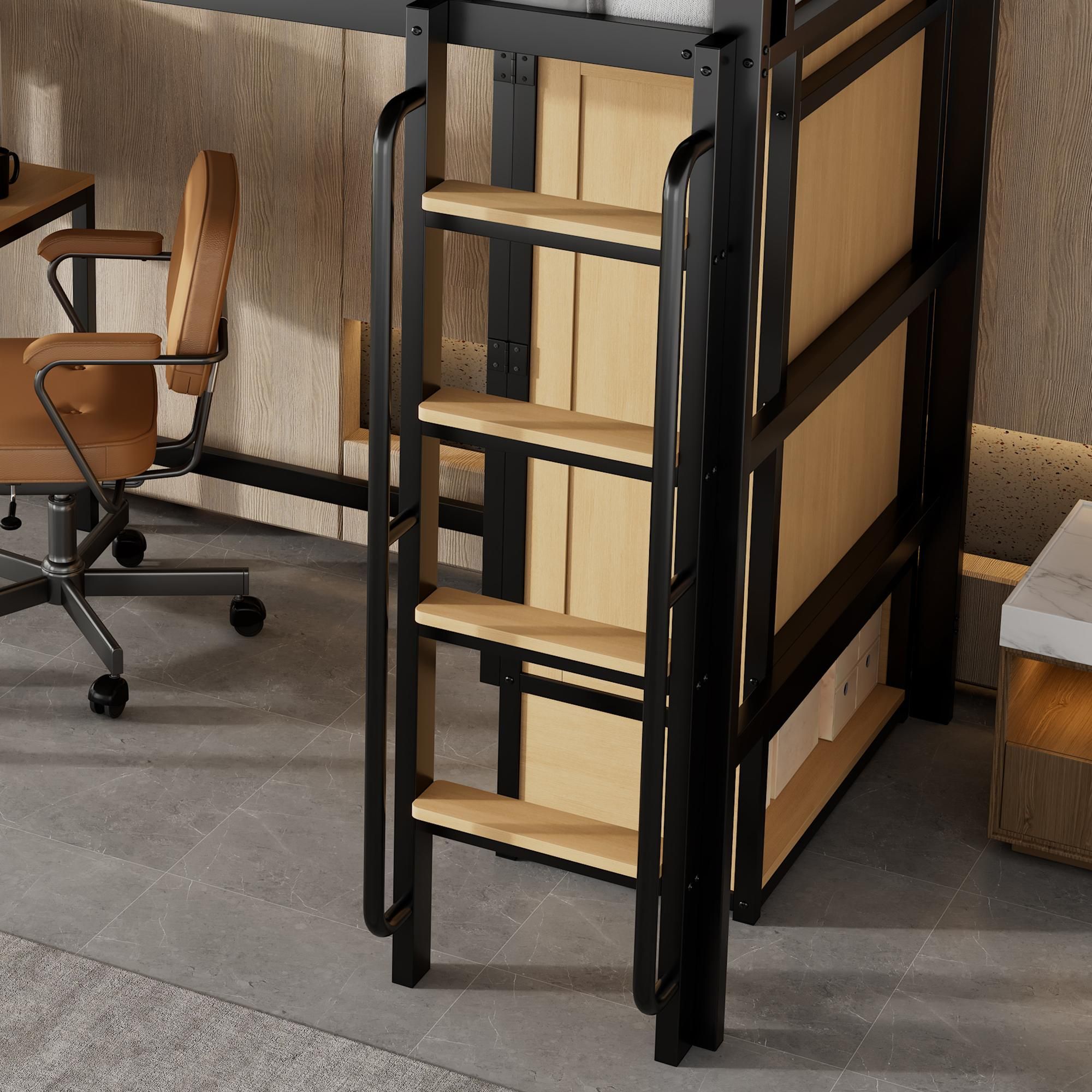 Flieks Etagenbett Metallbett 90x200cm mit Schreibtisch & Ablage, Kinderbett Hochbett mit Kleiderschrank, Jugendbett Einzelbett mit Lattenrost, Schwarz