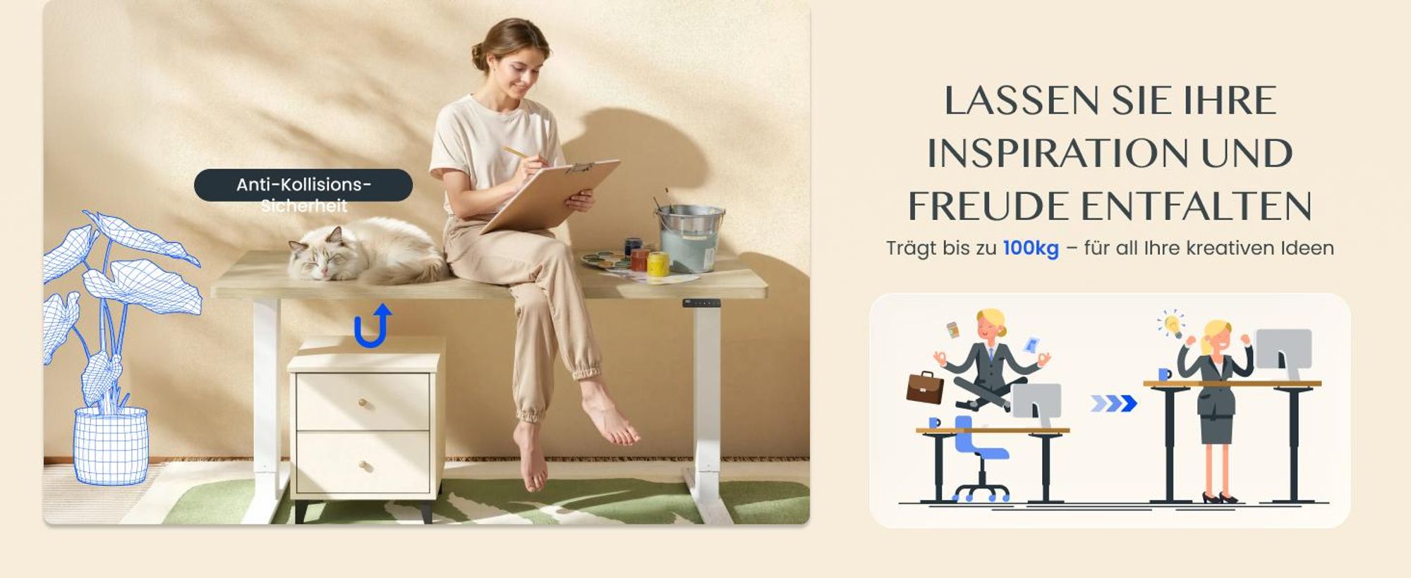 FLEXISPOT E1 Pro Elektrisch Höhenverstellbarer Schreibtisch EU, 120x80cm 25MM EINTEILIGE TISCHPLATTE Doppelmotor 120KG Tragkraft Natur-Eiche Optik